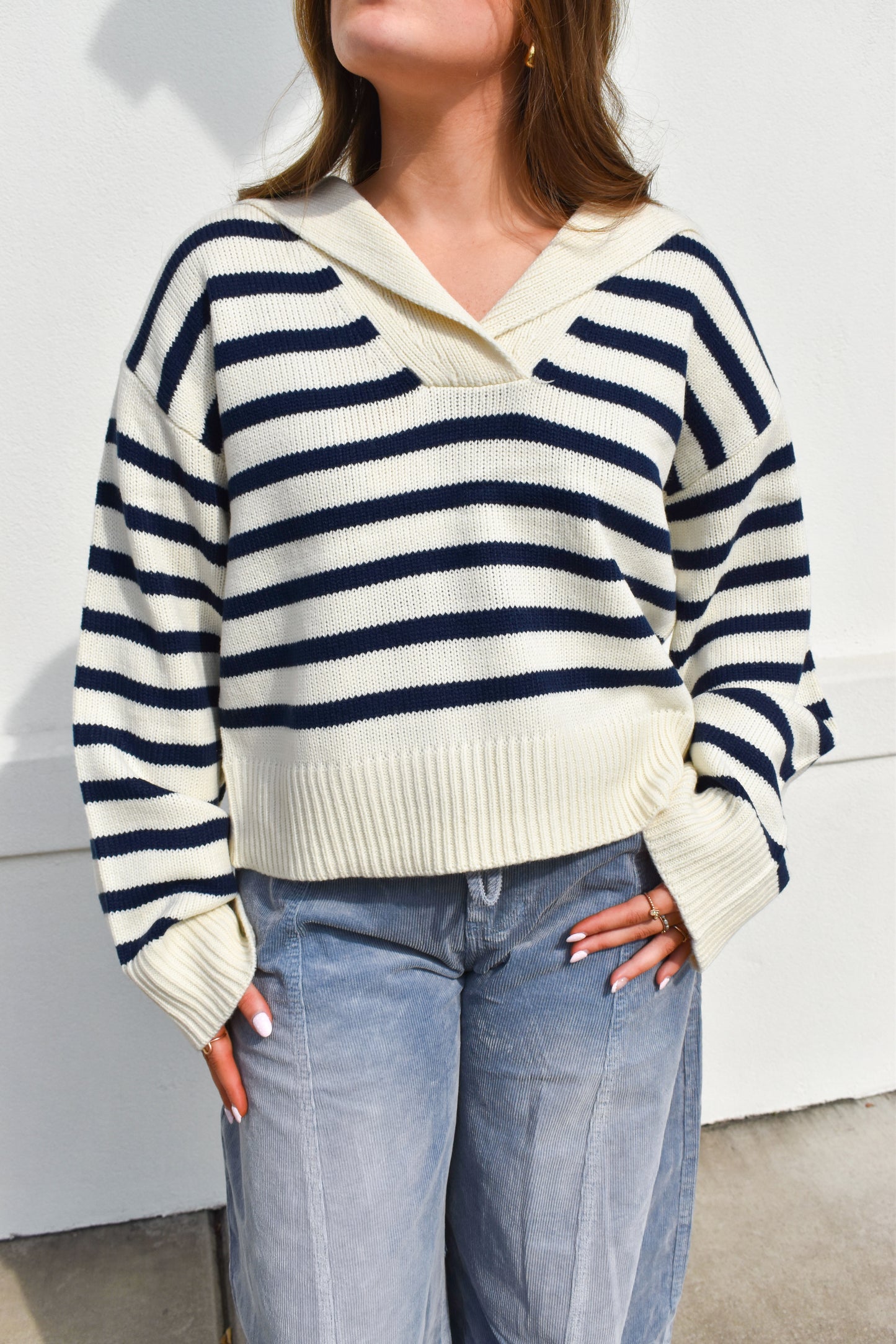 Cream/Navy Striped Collared Knit Sweater