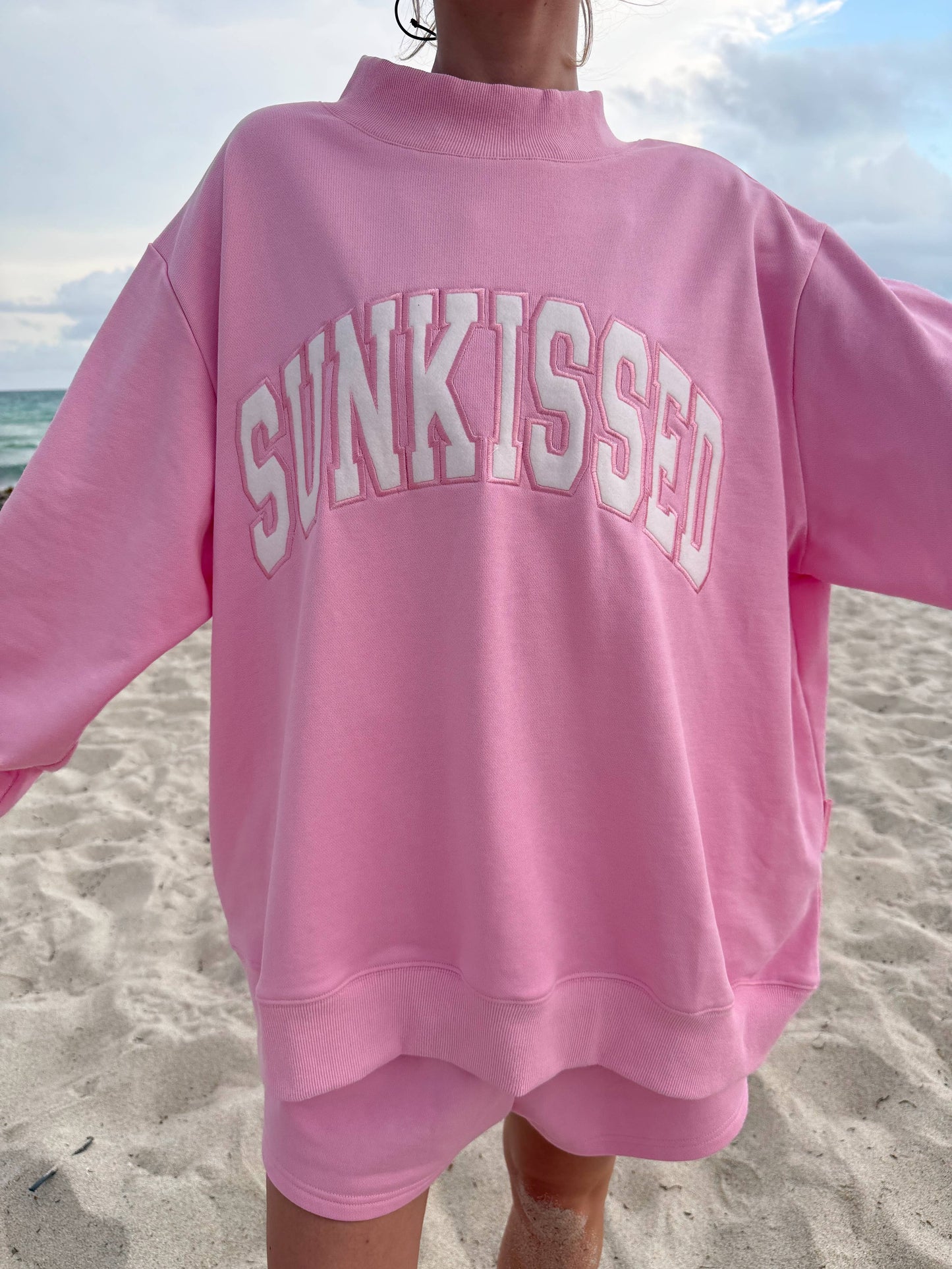 Lottie Pink Varsity Sunkissed Embroidered Mockneck: Lottie Pink
