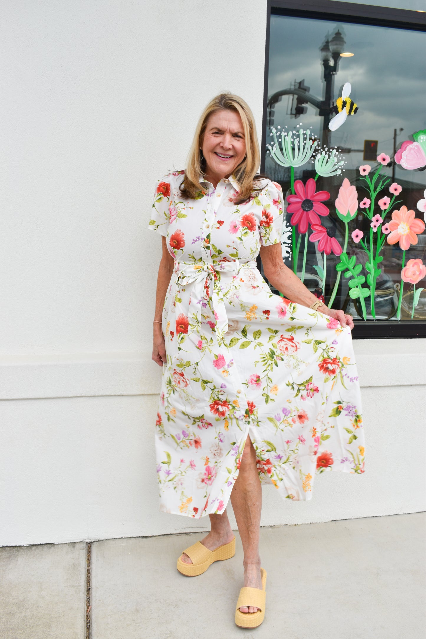 Floral Short Sleeve Belted Midi Dress