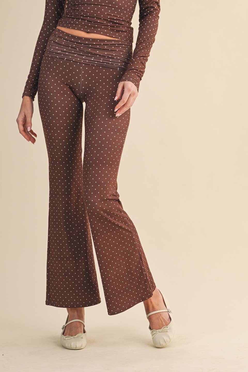 Polka Dot Print Soft Knit Jersey Foldover Flare Pants
