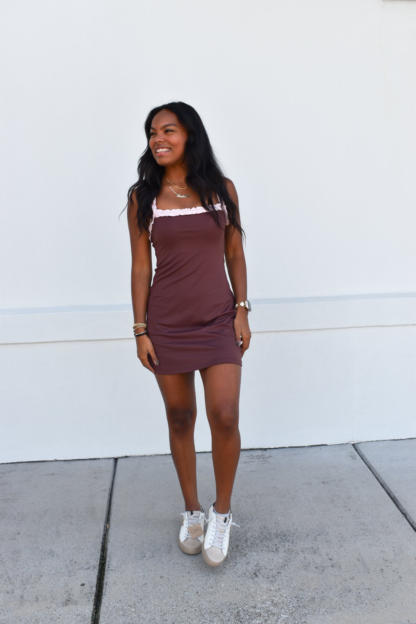 Chocolate W/ Pink Ruffle Detail Athletic Dress