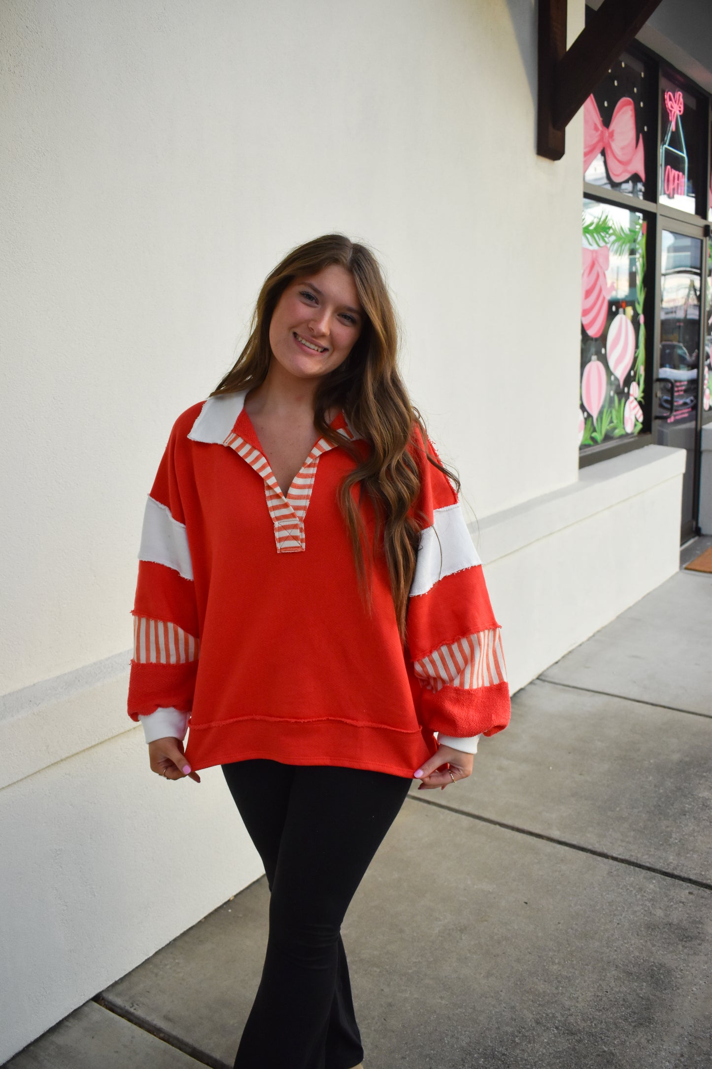 Terry Knit Collared Top: Red/Cream