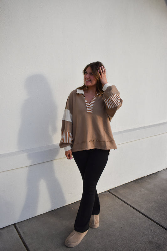 Terry Knit Collared Top: Brown/Cream