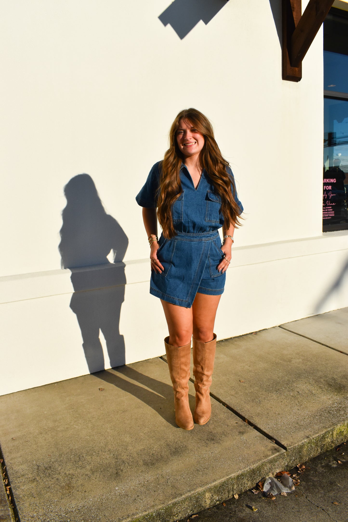 Denim Romper W/ Pockets & Wrap Detail