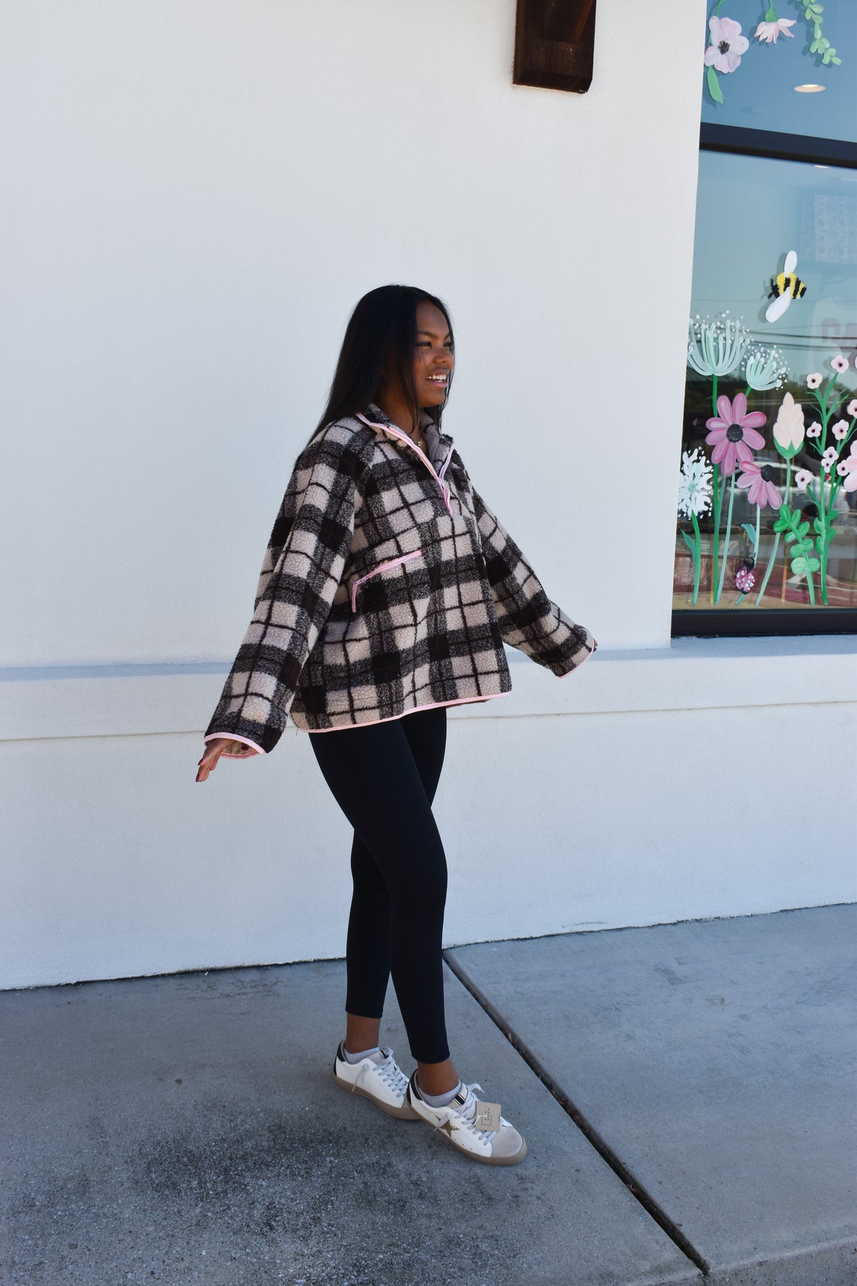 Plaid Sherpa Half-Zip W/ Pink Detail