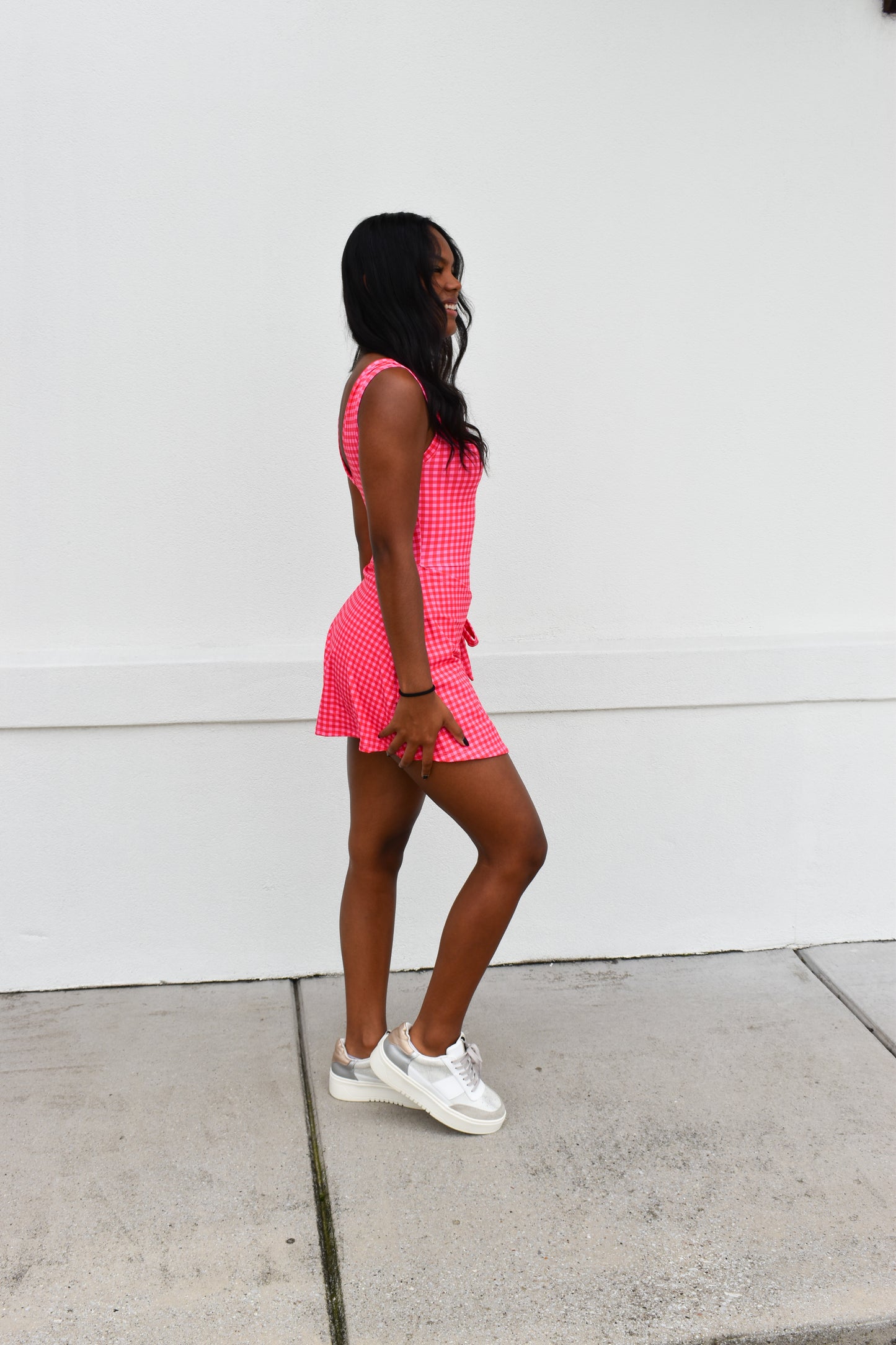 Gingham Athletic Wrap Tie Dress: Hot Pink