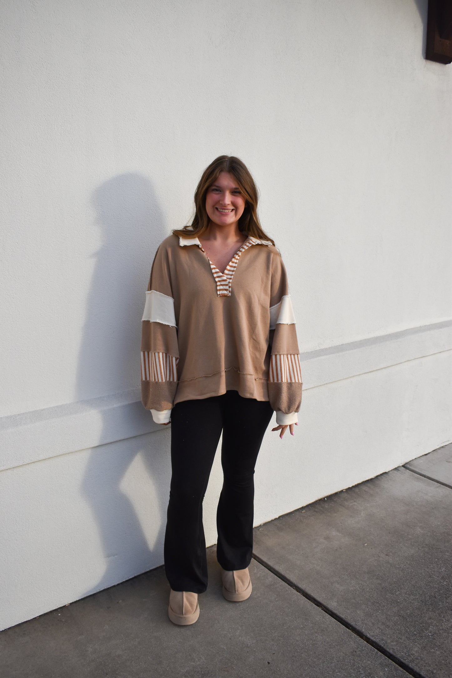 Terry Knit Collared Top: Brown/Cream