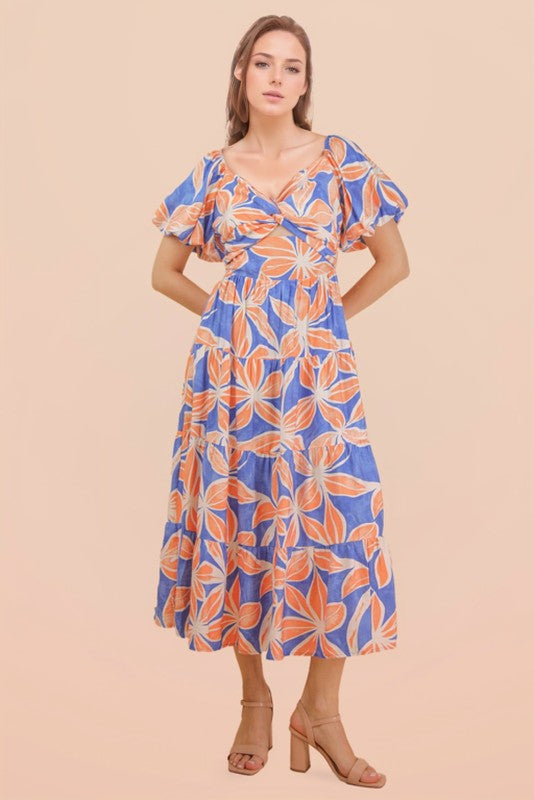 Blue/Orange Floral Maxi Dress