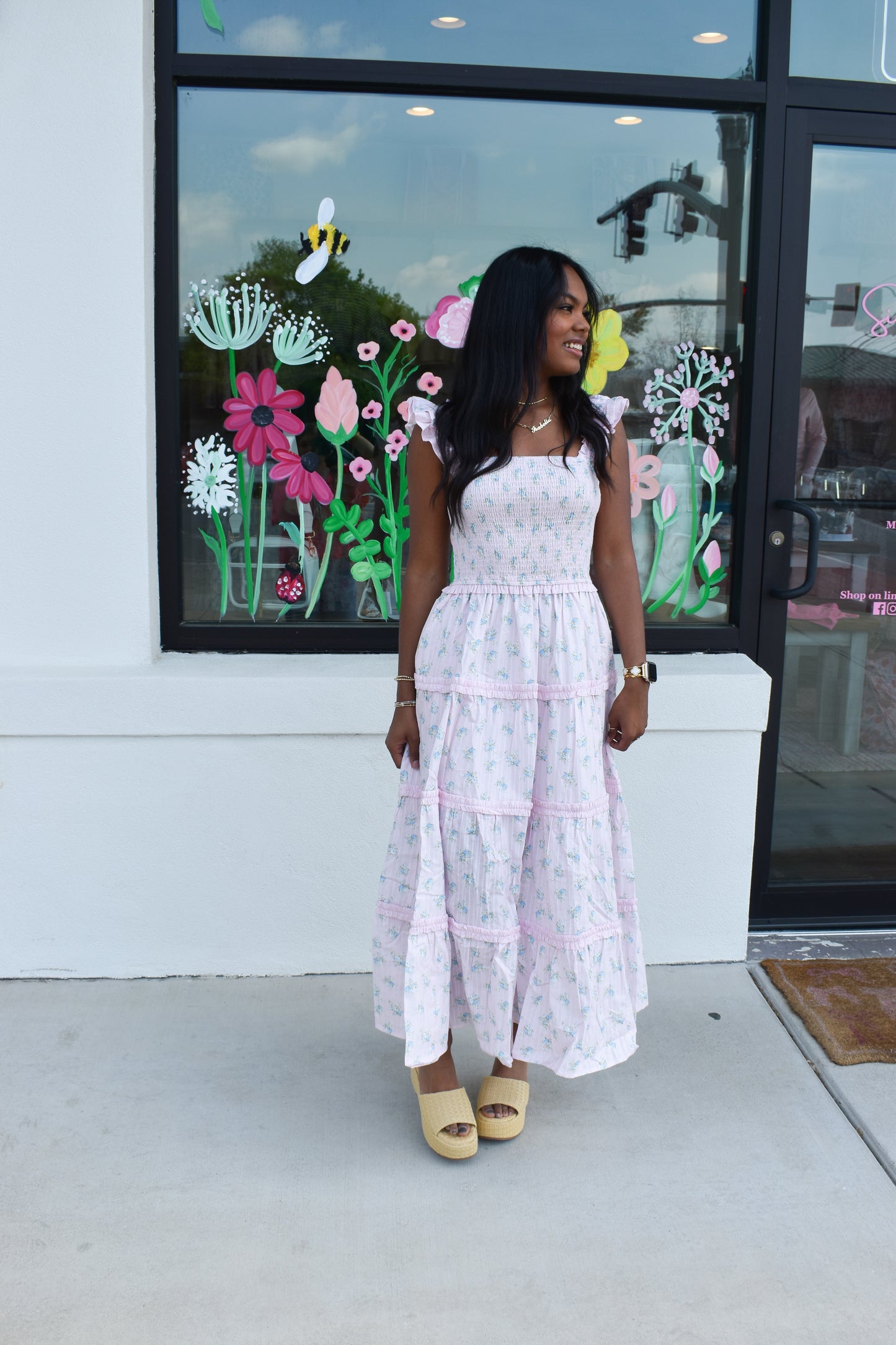 Ditsy Flower Smocked Dress: Pink/Blue