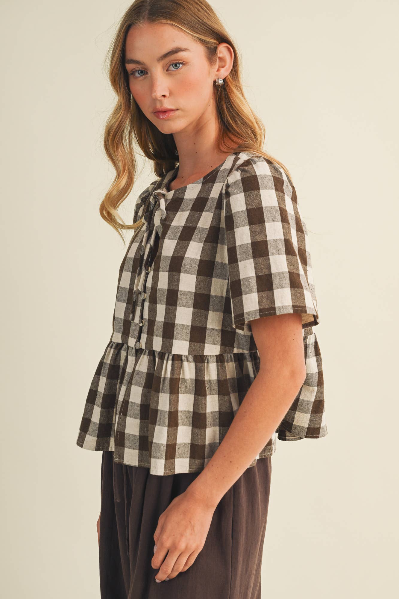 Keyhole Tie-Neck Gingham Peplum Blouse