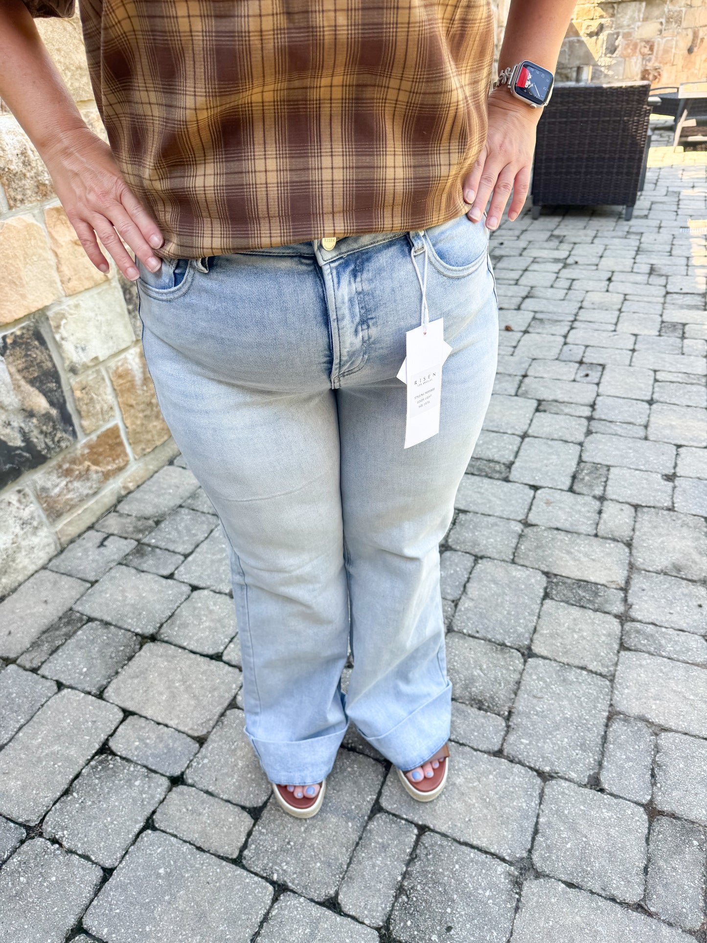 Risen Tummy Control High Rise Ankle Wide Cuffed Jeans: Light