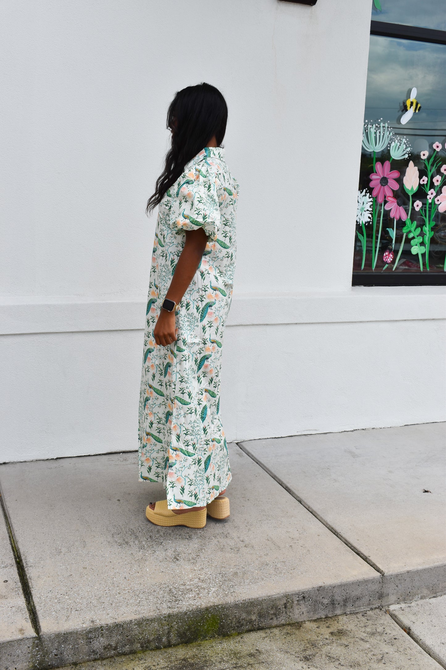 Peacock Print Puff Sleeve Midi Dress