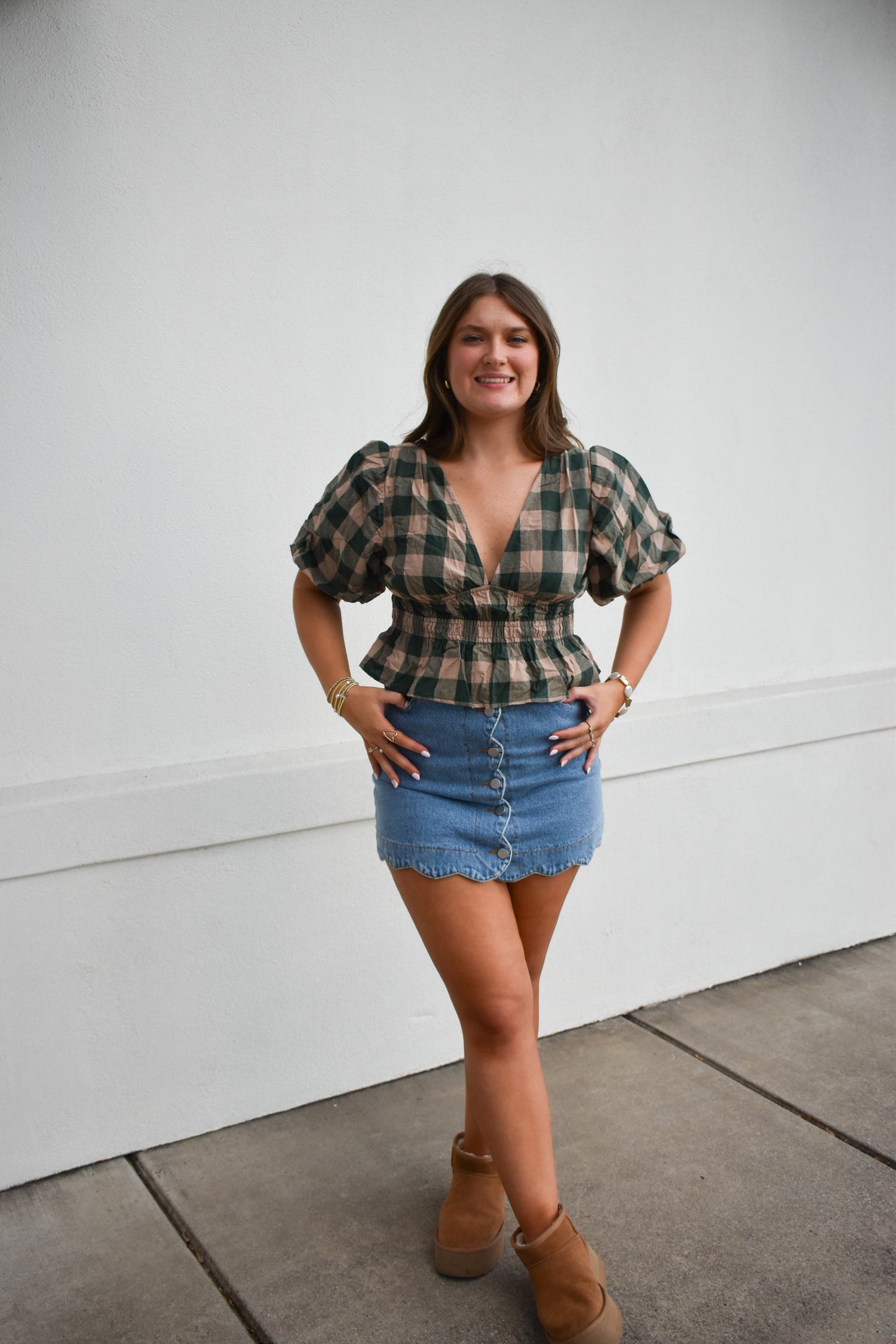Gingham Bubble V Neck Top