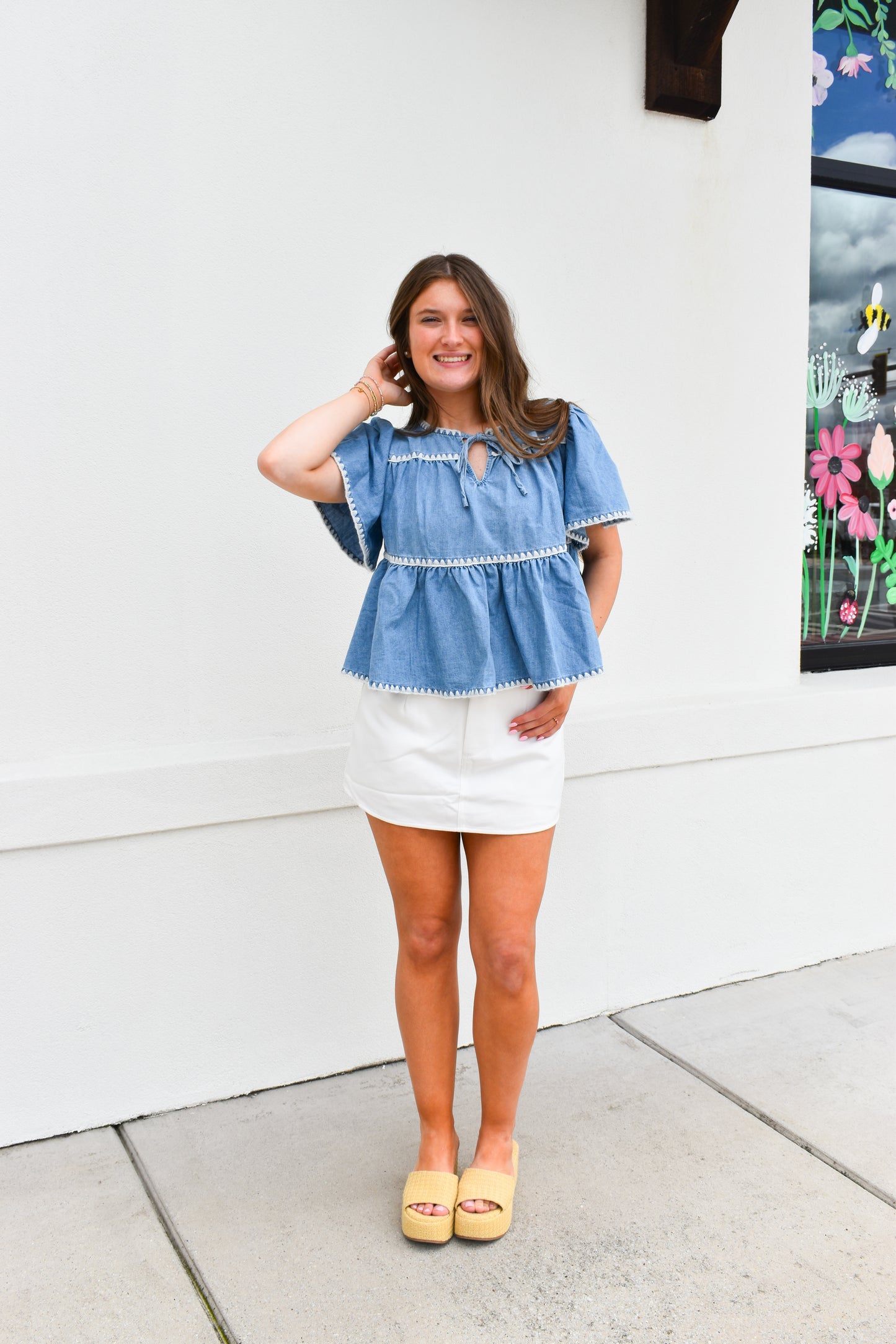 Blanket Stitch Denim Tiered Top