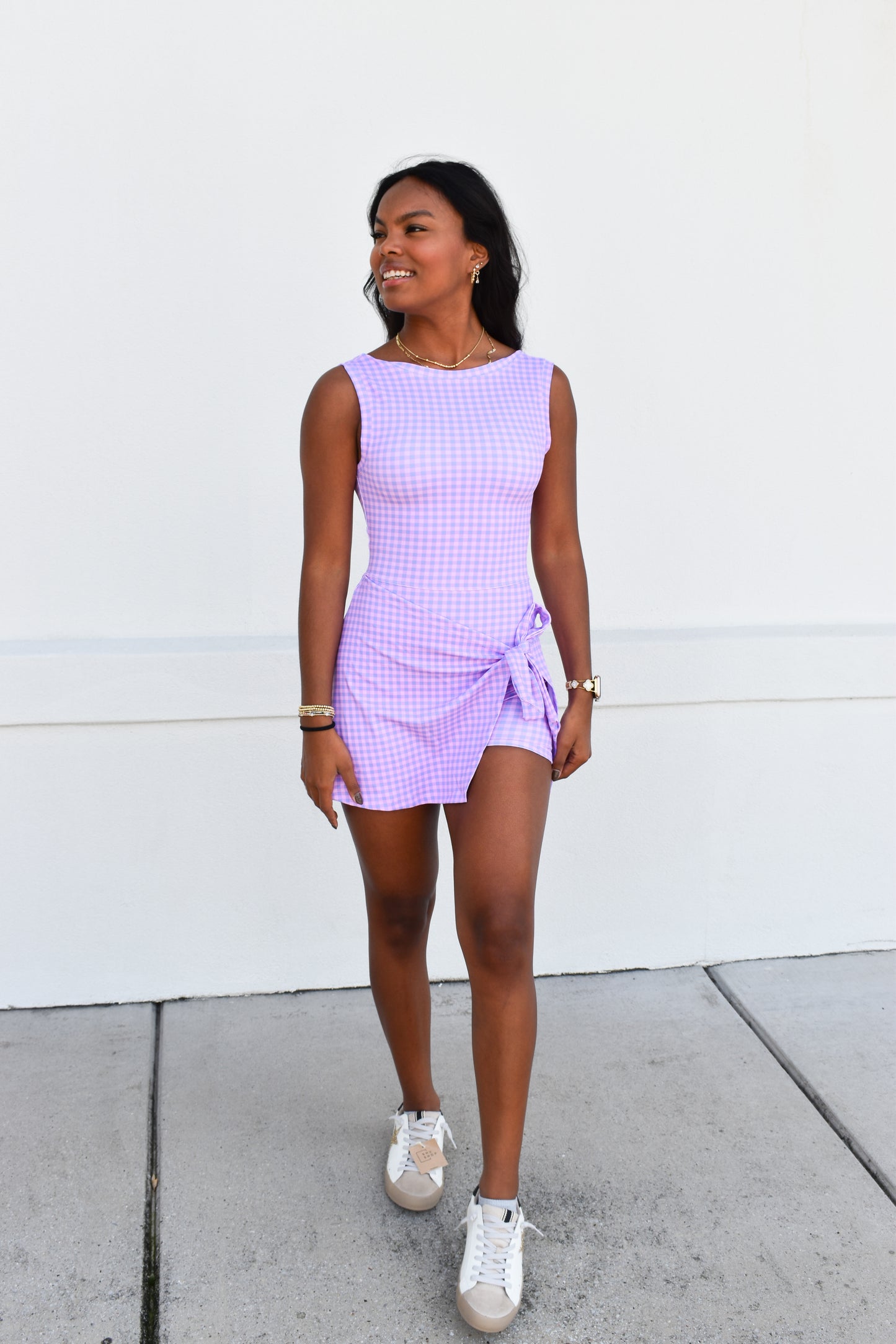 Gingham Athletic Wrap Tie Dress: Purple