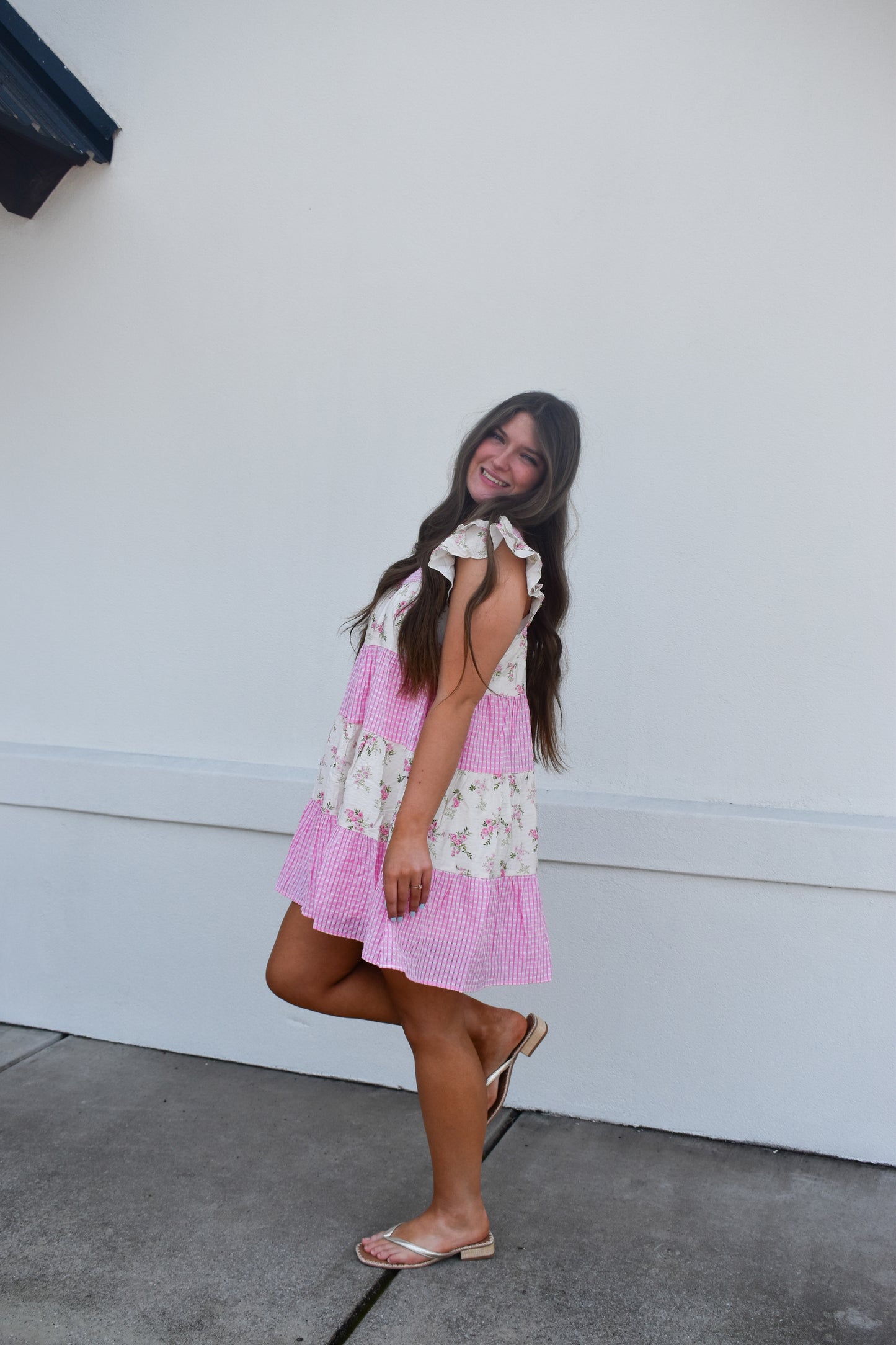 Mini Dress W/ Mixed Floral Print and Pink Gingham