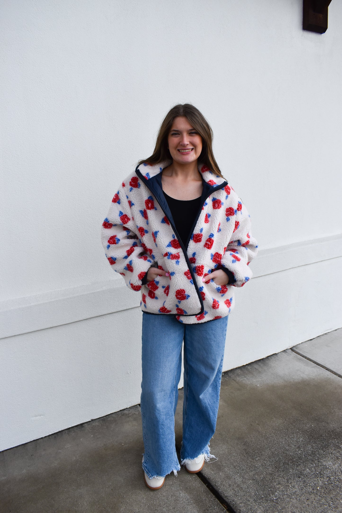Cozy Oversized Rose Pattern Fleece Zip Up Jacket