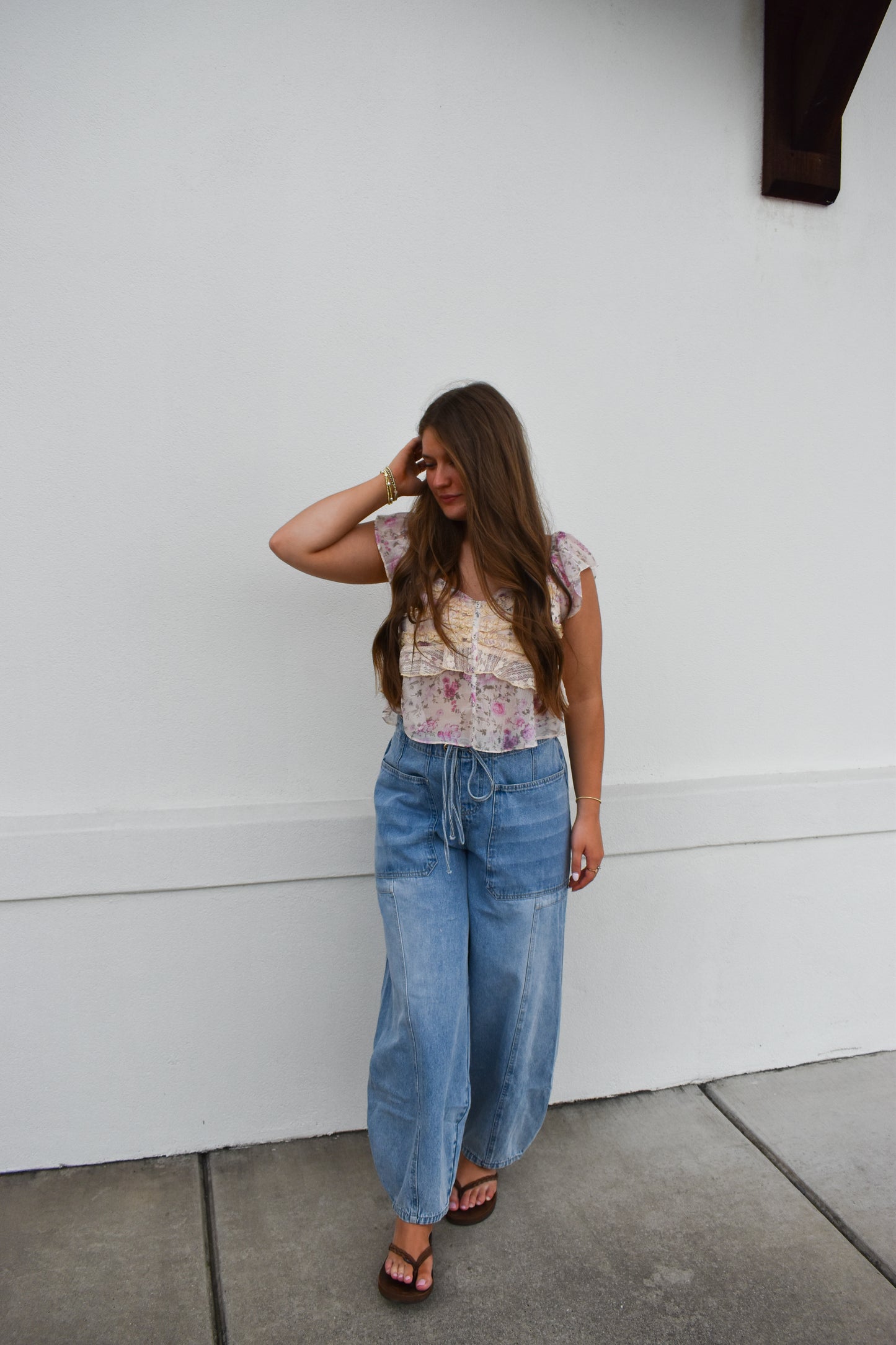 Floral Print Ruffle Lace Sweetheart Top