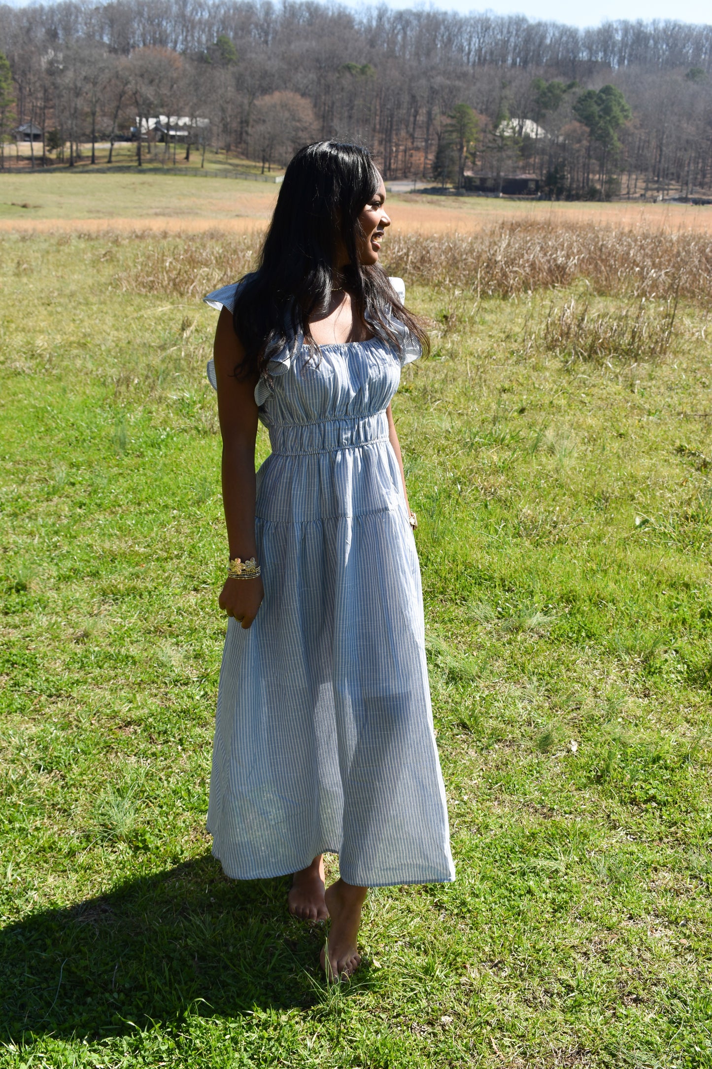 Shoulder Ruffle Stripe Midi Dress