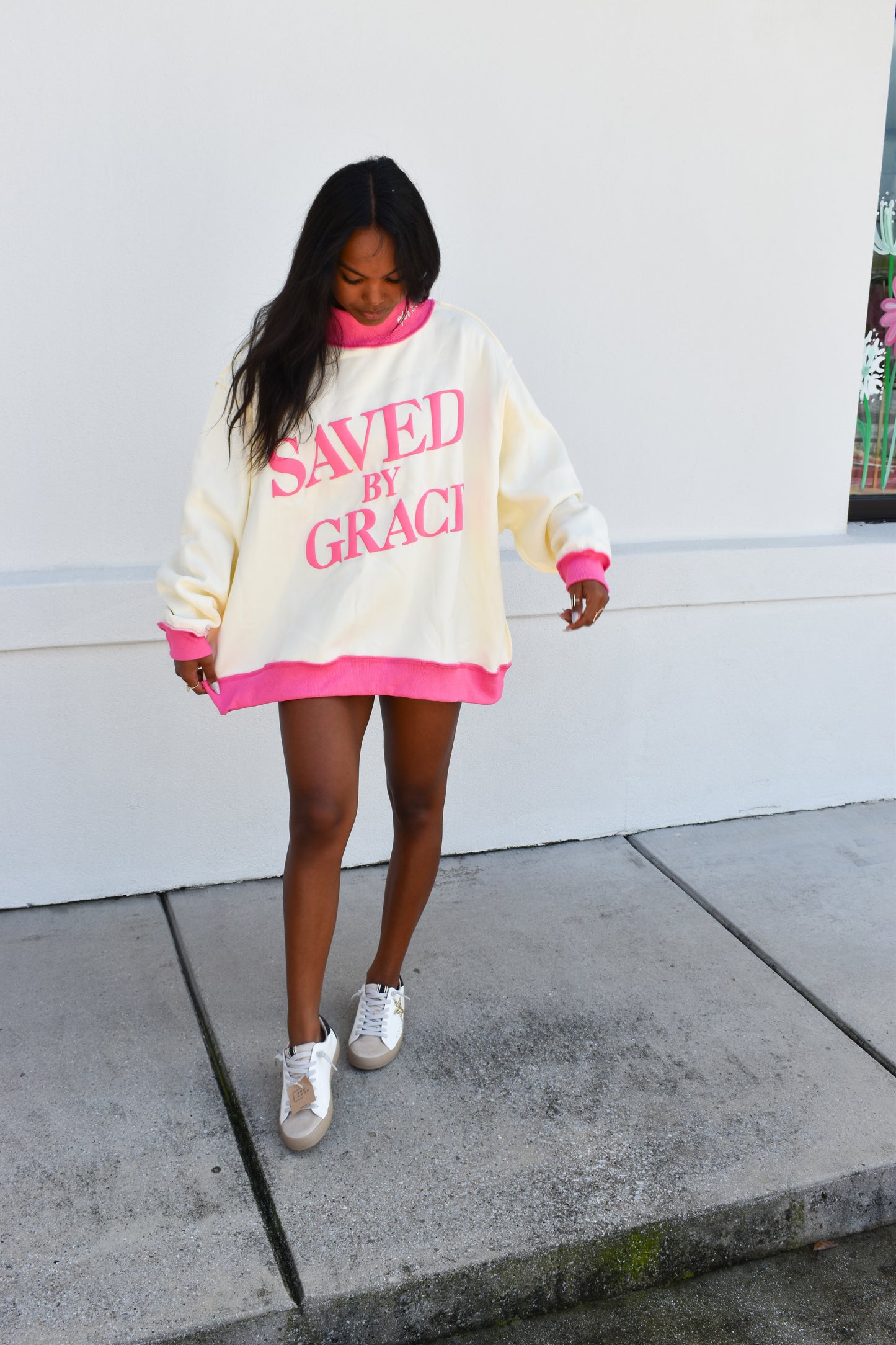 'SAVED BY GRACE' Puff Print Mockneck