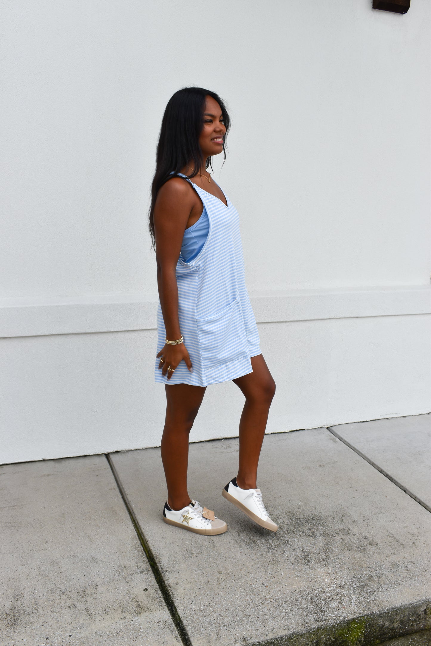 Striped Romper Dress W/ Built In Romper: Blue