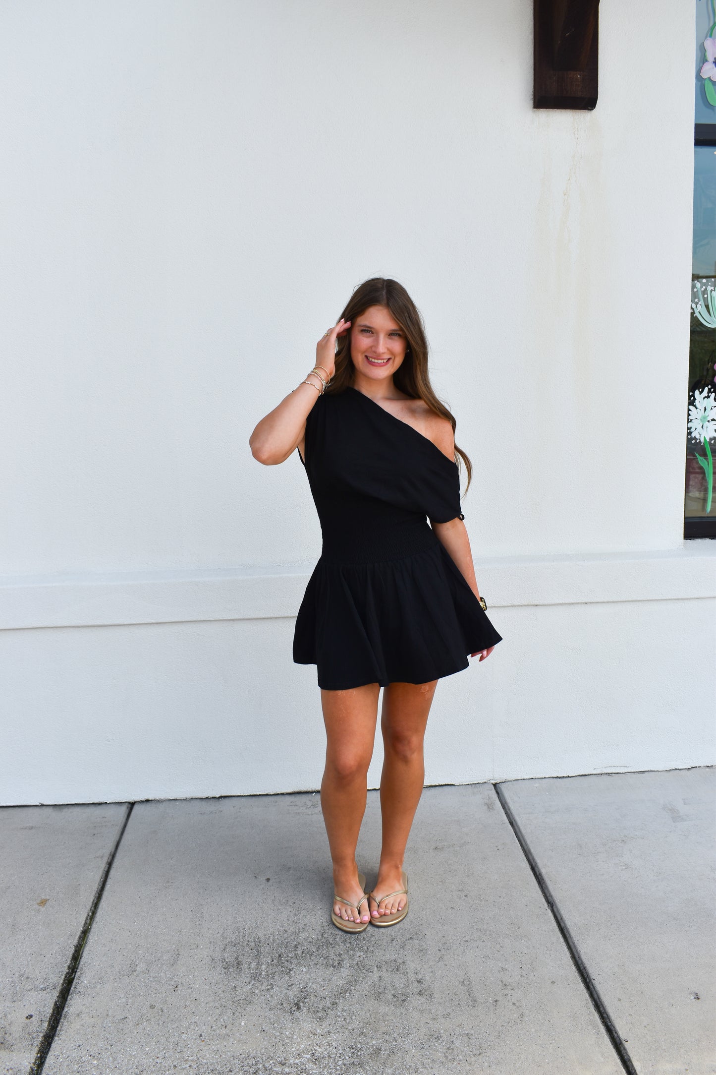 Off Shoulder Smocked Waist Dress: Black