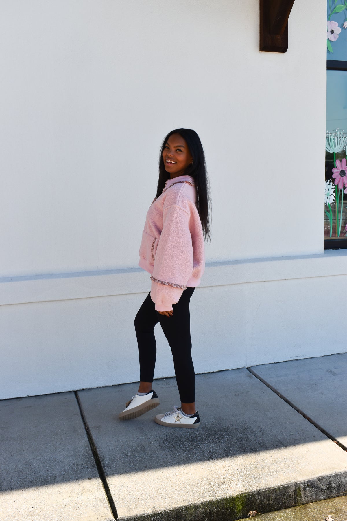 Gingham Fleece Collared Pullover: Pink
