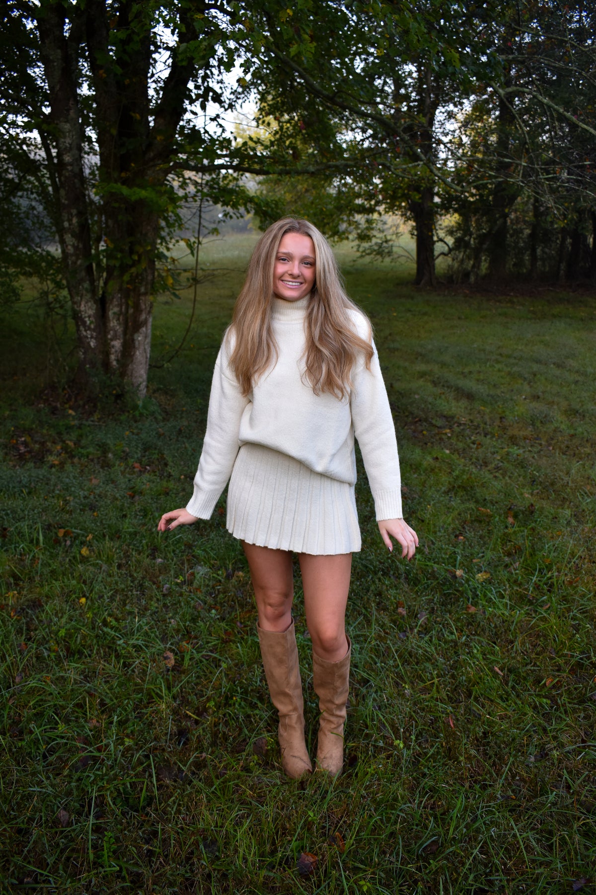 Turtleneck Pullover Sweater & Pleated Skirt Set