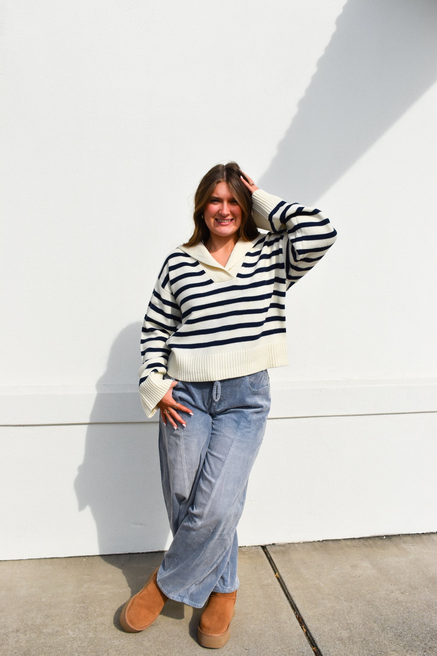 Cream/Navy Striped Collared Knit Sweater