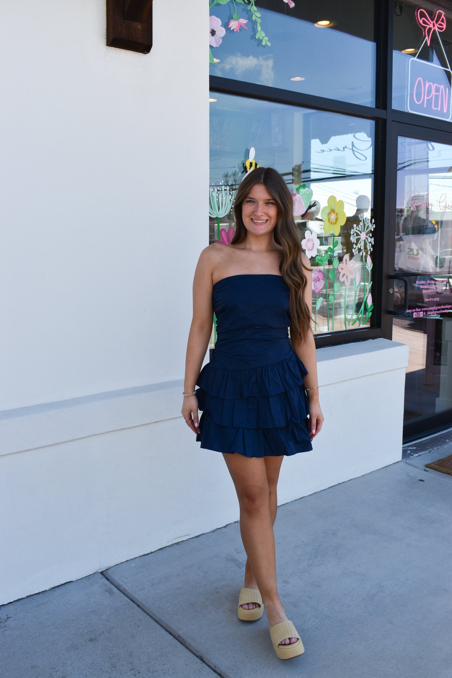 Strapless Ruffle Mini Dress: Navy