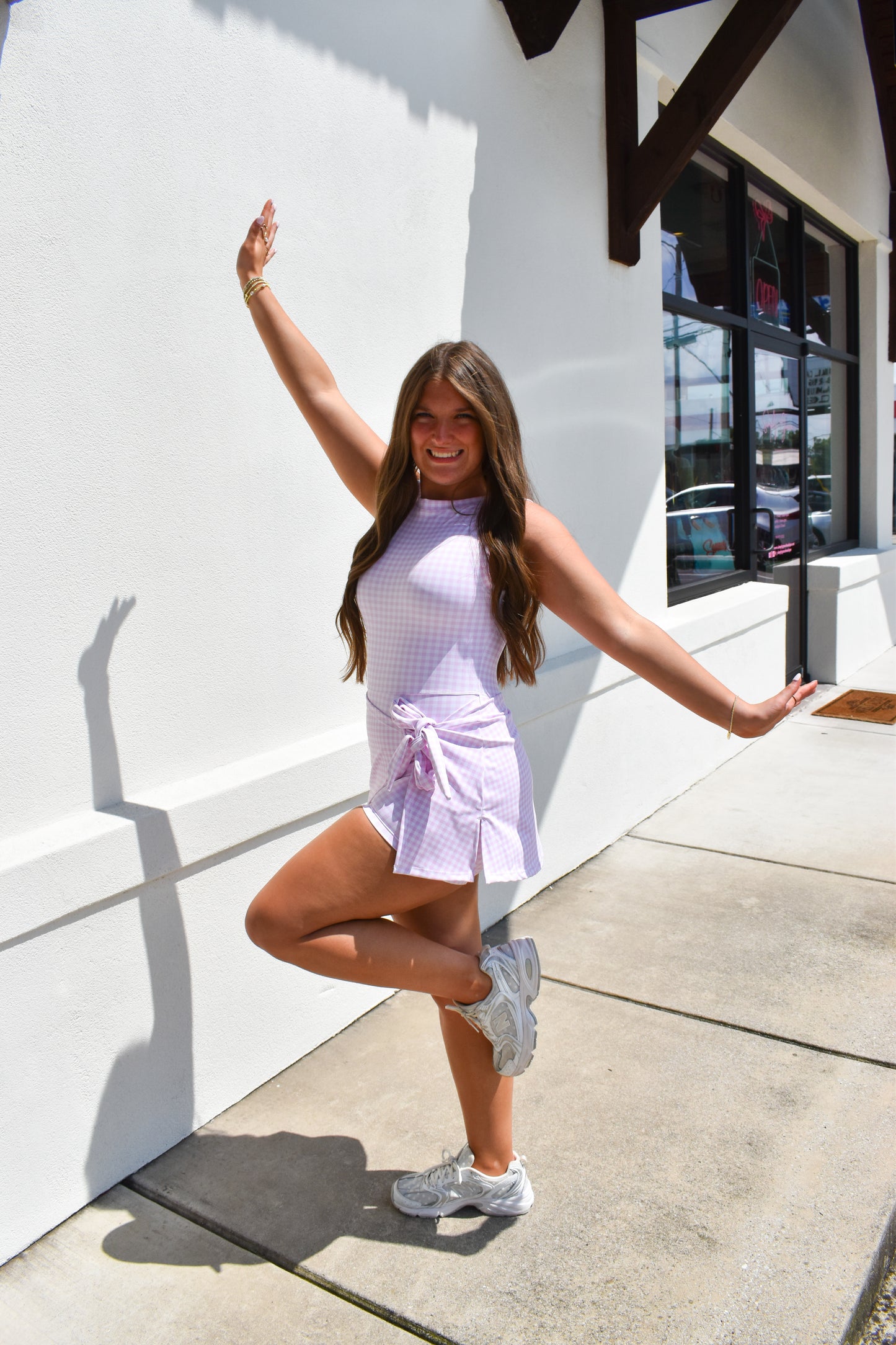 Pink Gingham Print Athletic Wrap Tie Dress