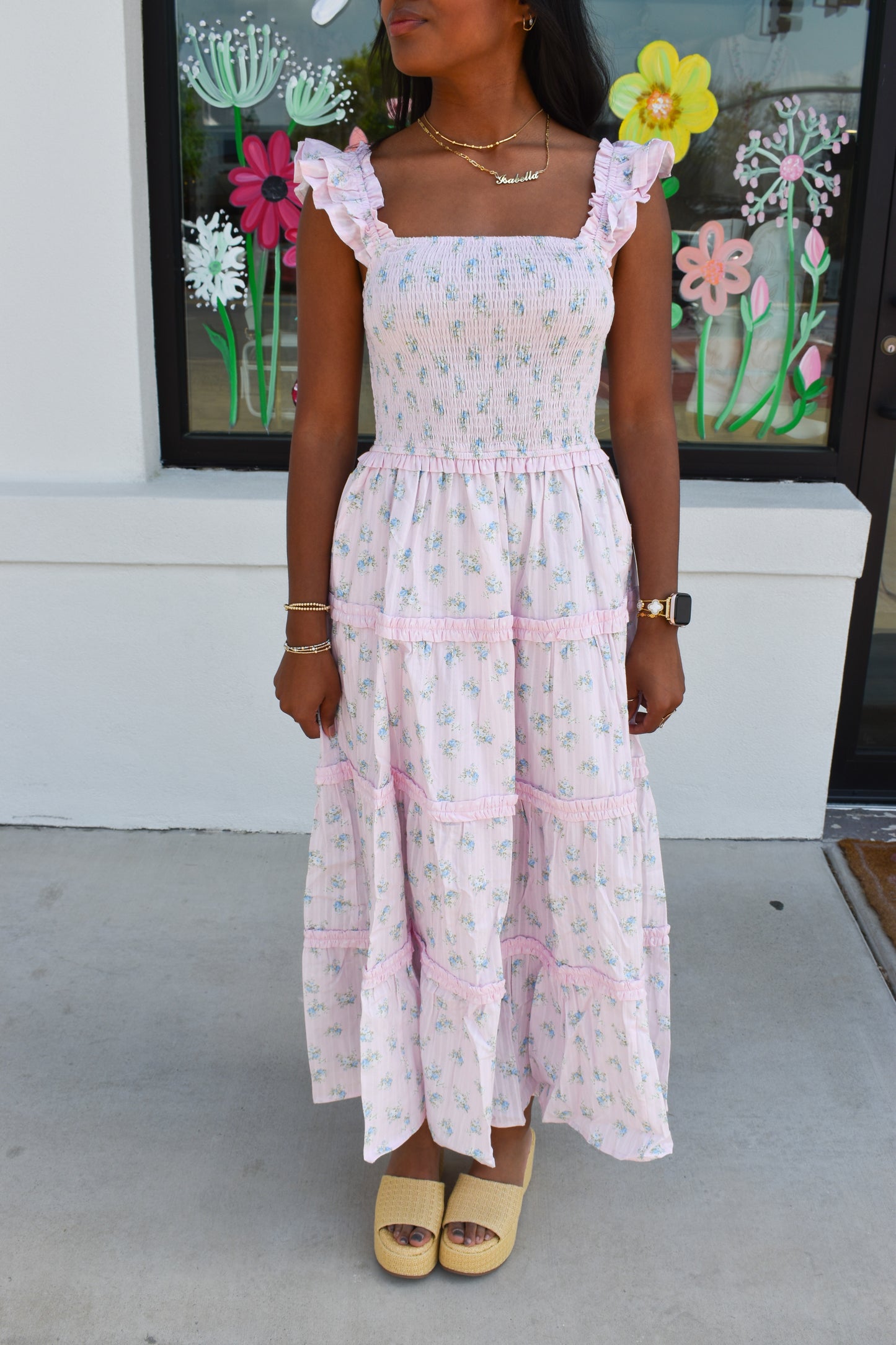 Ditsy Flower Smocked Dress: Pink/Blue