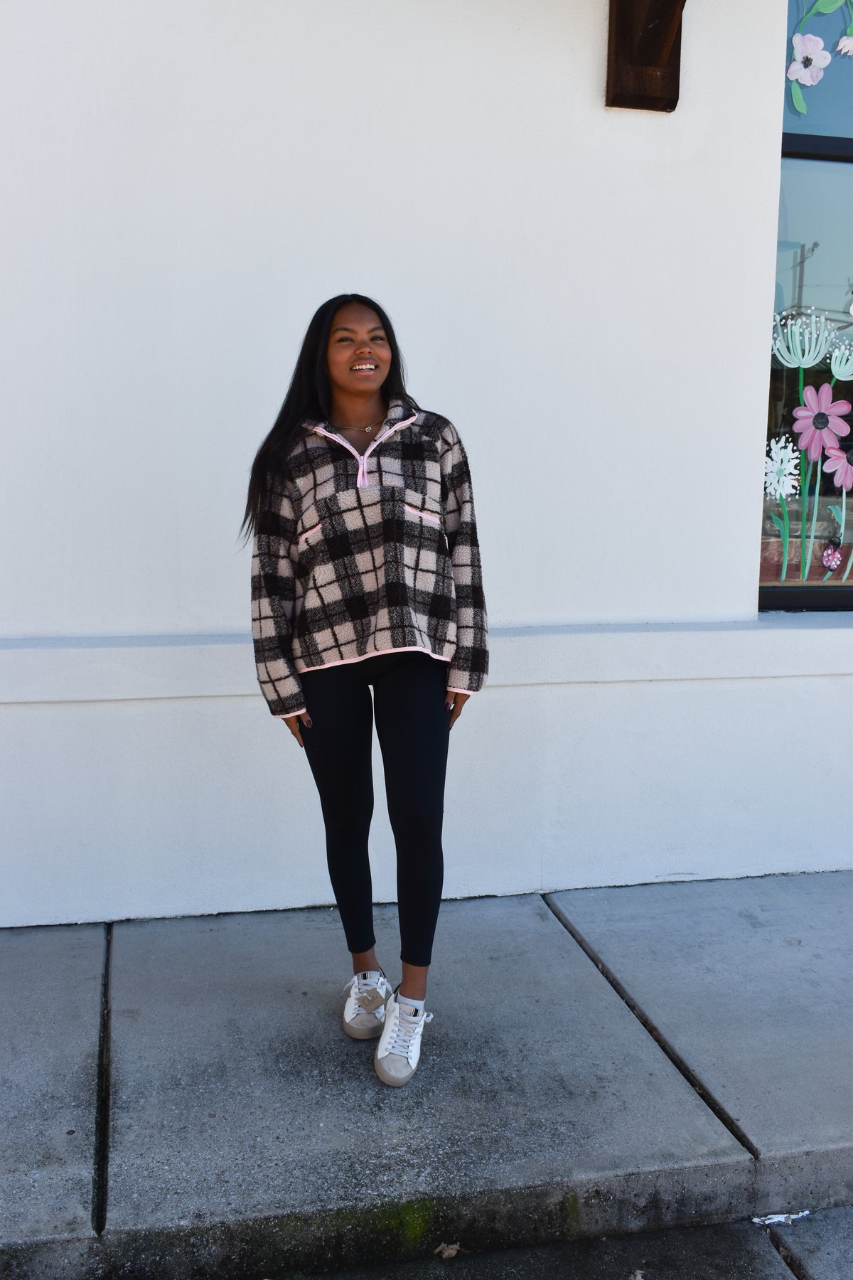 Plaid Sherpa Half-Zip W/ Pink Detail