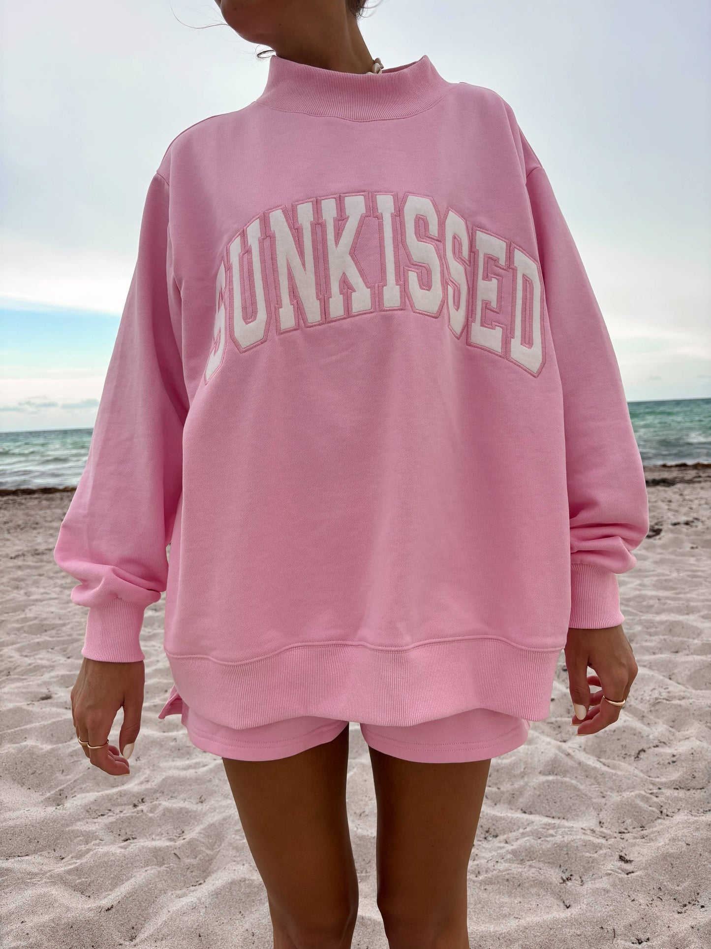 Lottie Pink Varsity Sunkissed Embroidered Mockneck: Lottie Pink