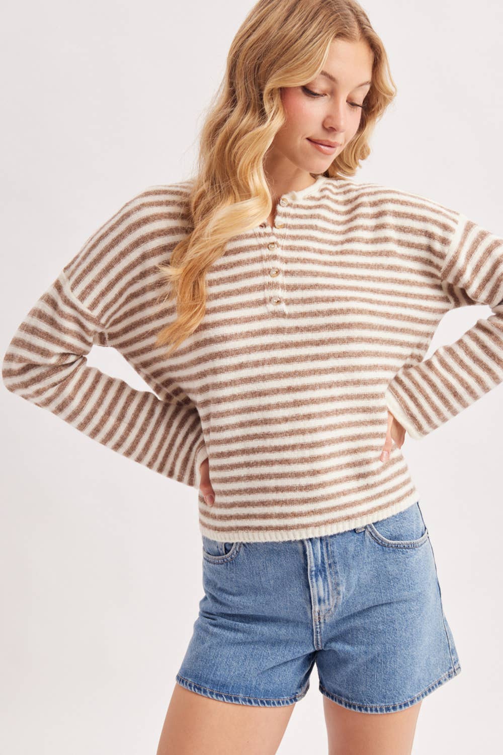 Beige Stripe Henley Pullover