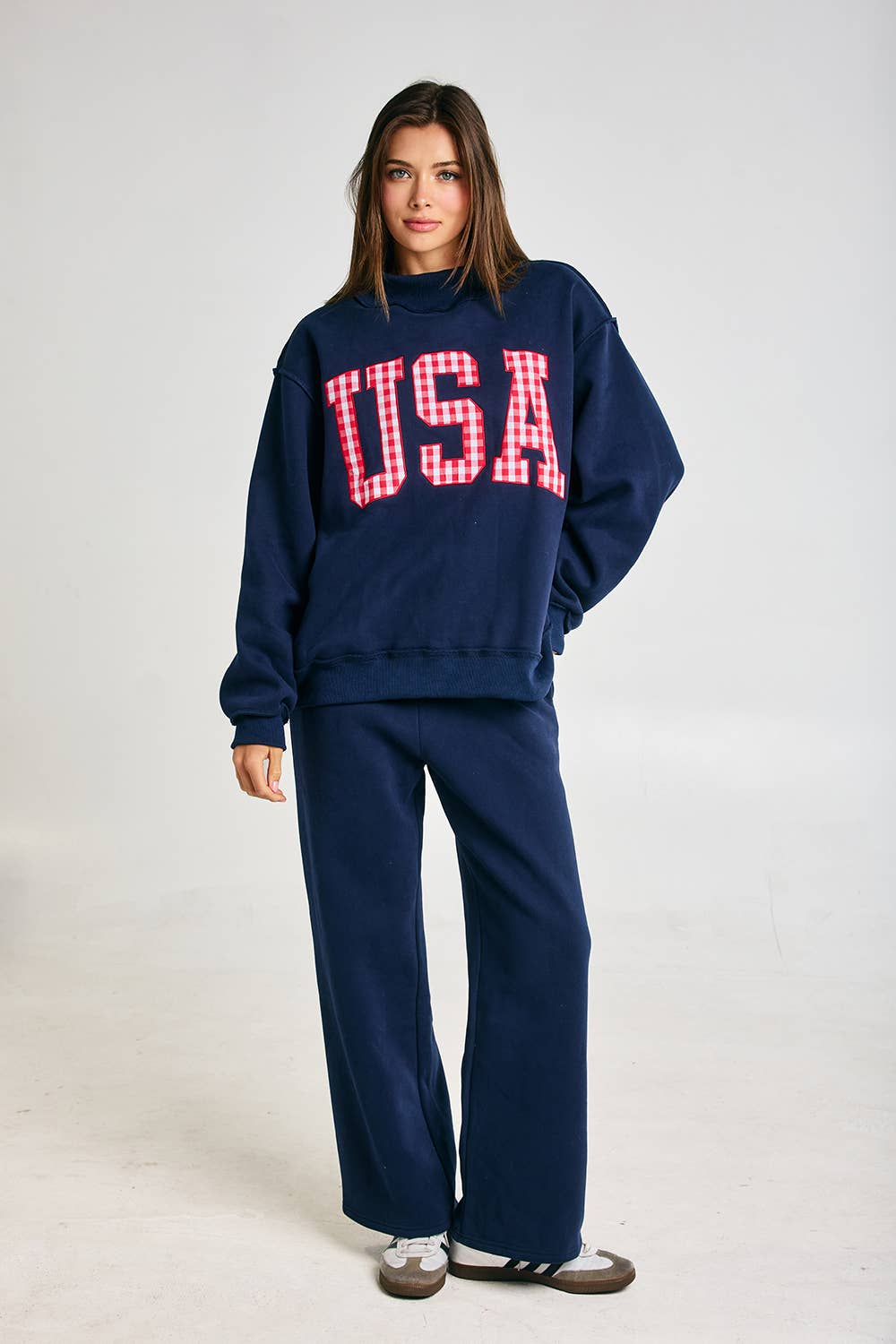 Gingham Embroidery "USA" Mock Neck Sweatshirt