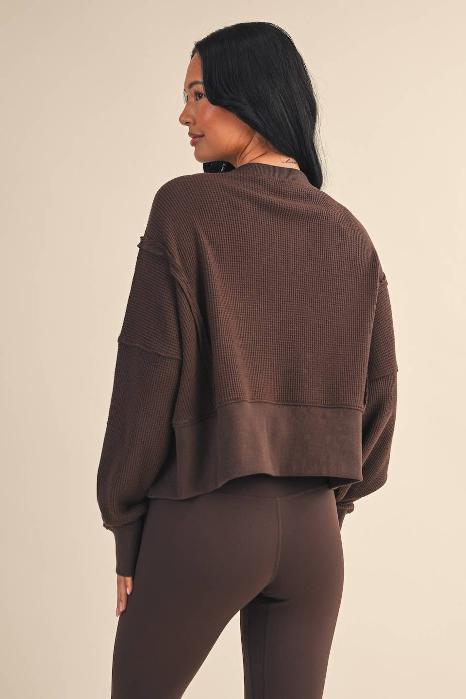 Waffle Knit Oversized Long Sleeve Top: Brown