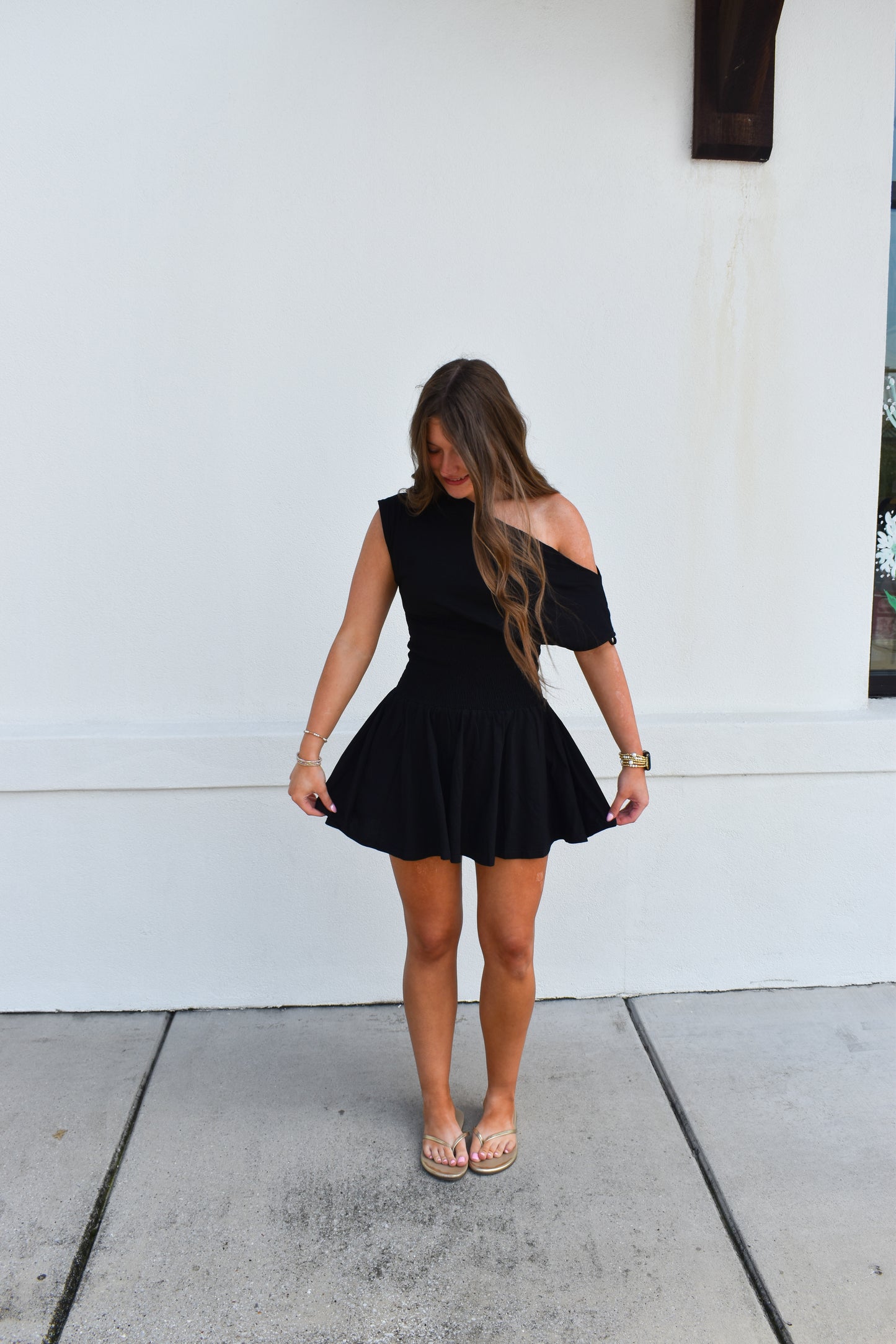 Off Shoulder Smocked Waist Dress: Black
