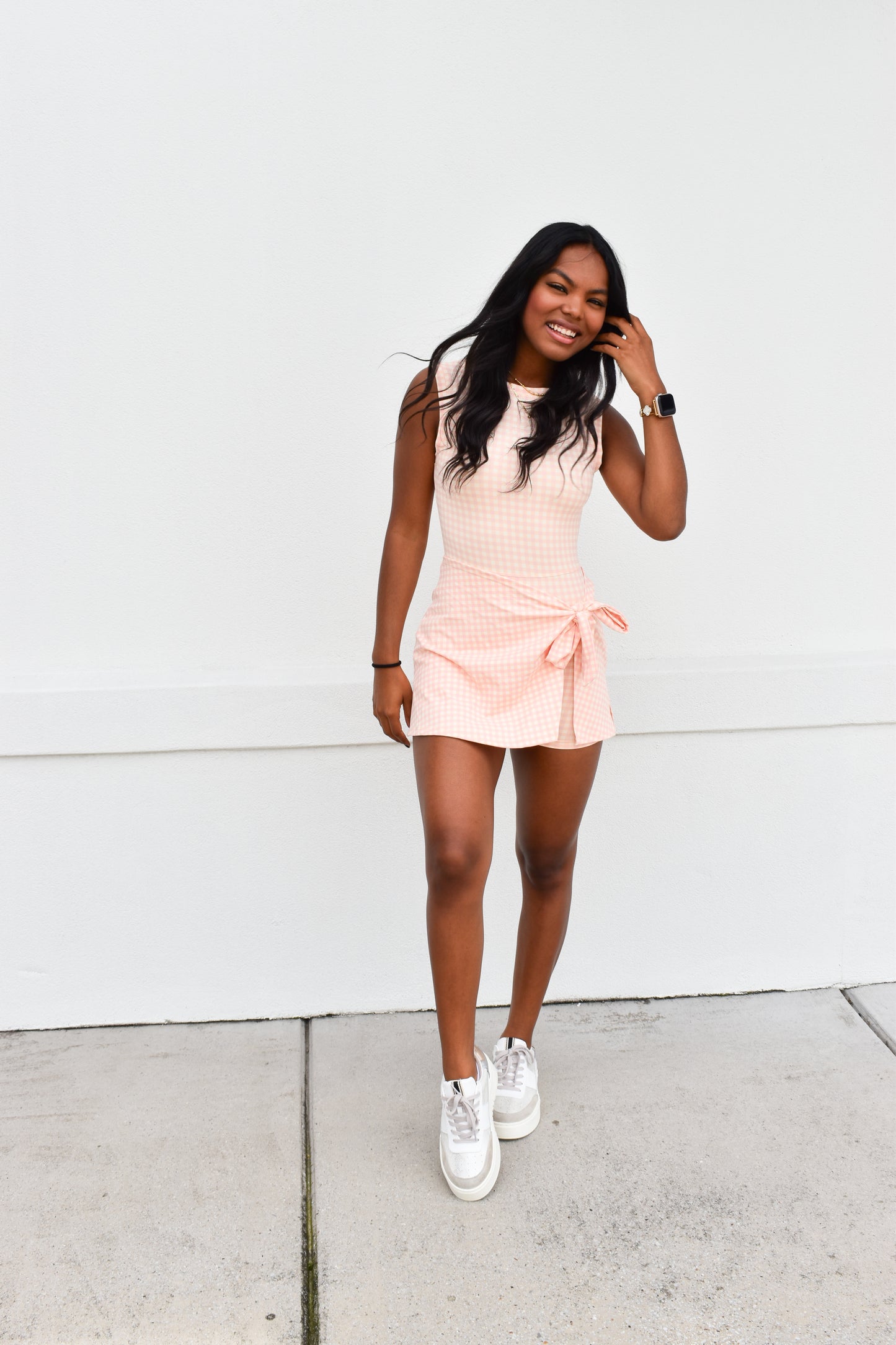 Gingham Athletic Wrap Tie Dress: Peach