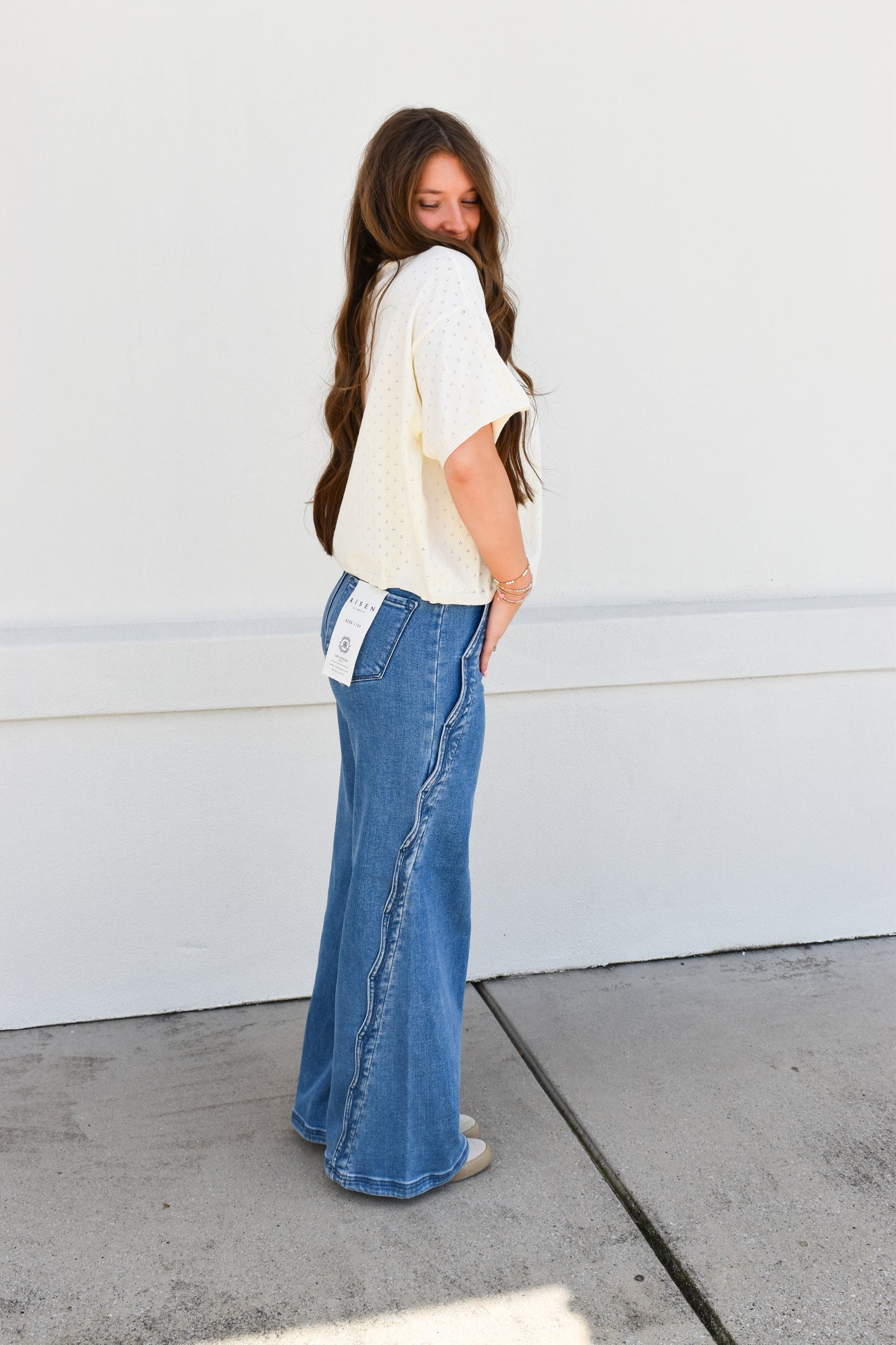 High Rise Wide Leg With Scalloped Edge Detail: Medium Wash