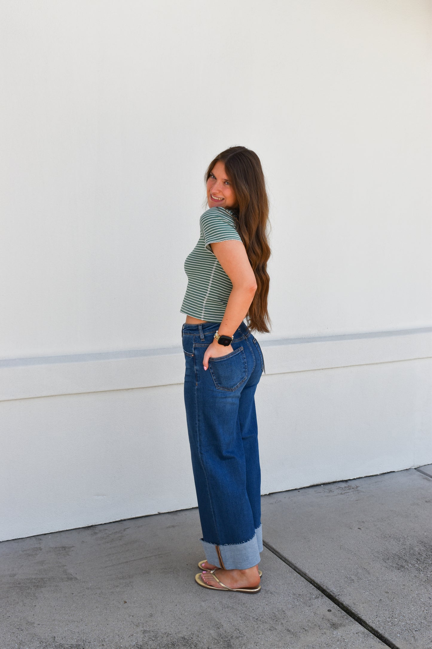 Risen High-Rise Wide-Cuffed Jeans: Dark Wash