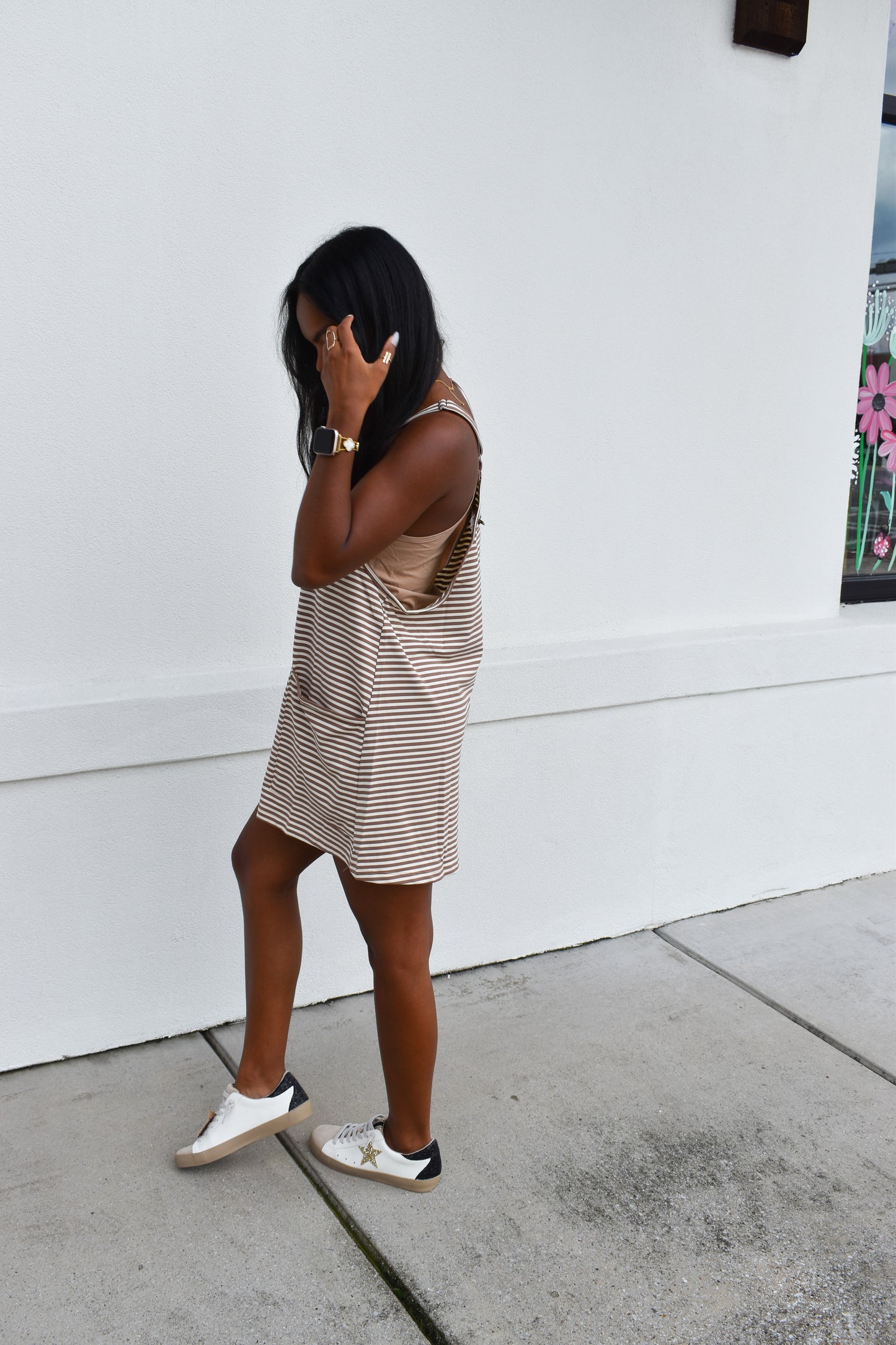 Striped Romper Dress W/ Built In Romper: Brown