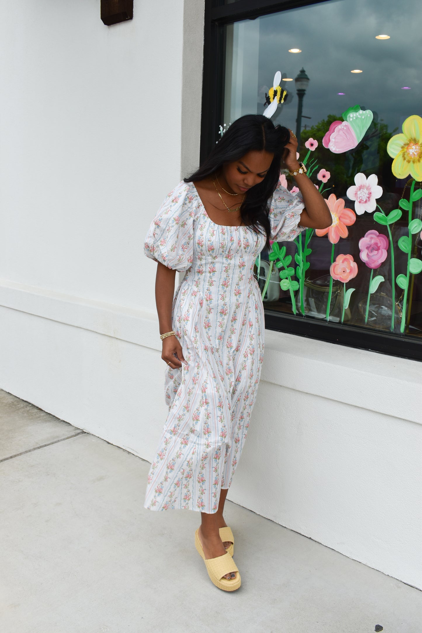 Floral Bubble Maxi Dress W/ Pin Stripe Detail