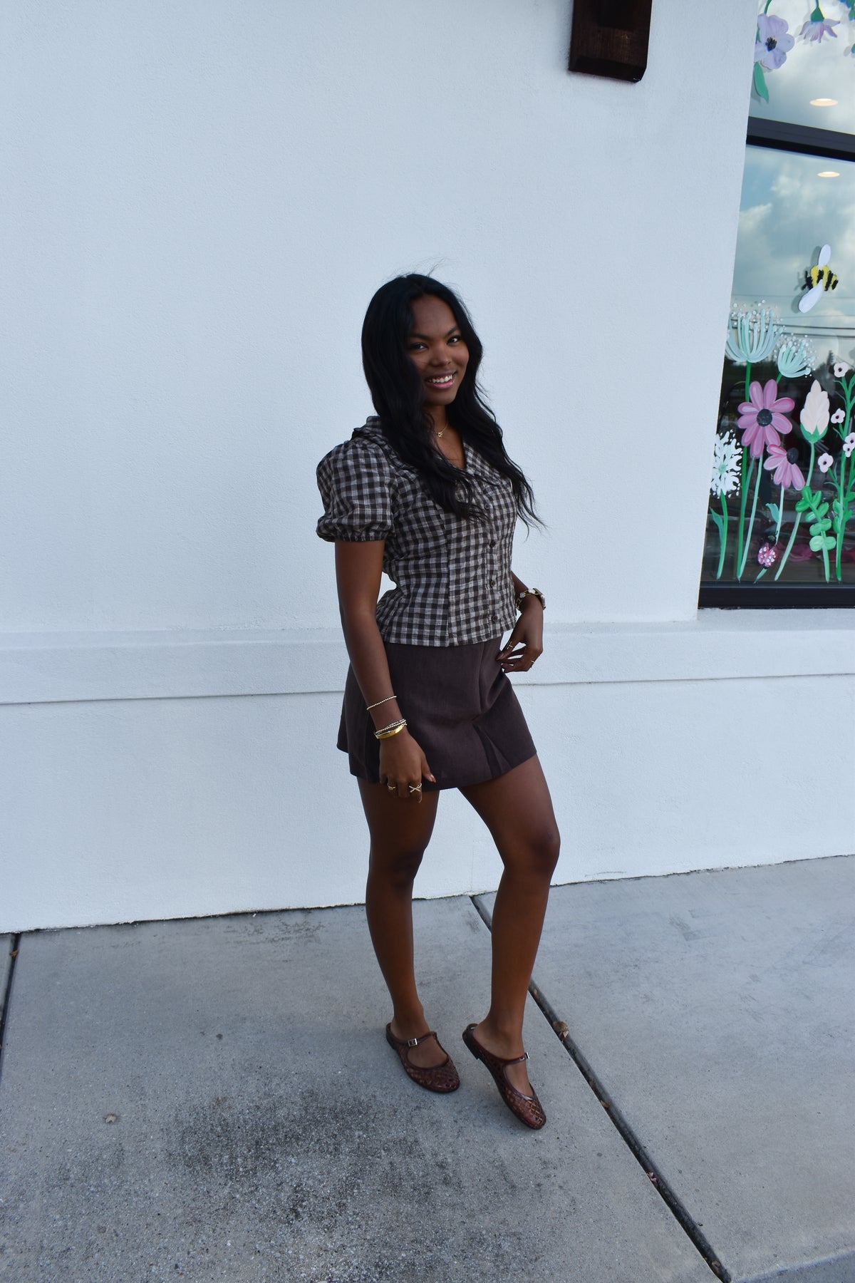 Gingham Plaid Button Top W/ Ruffle Collar