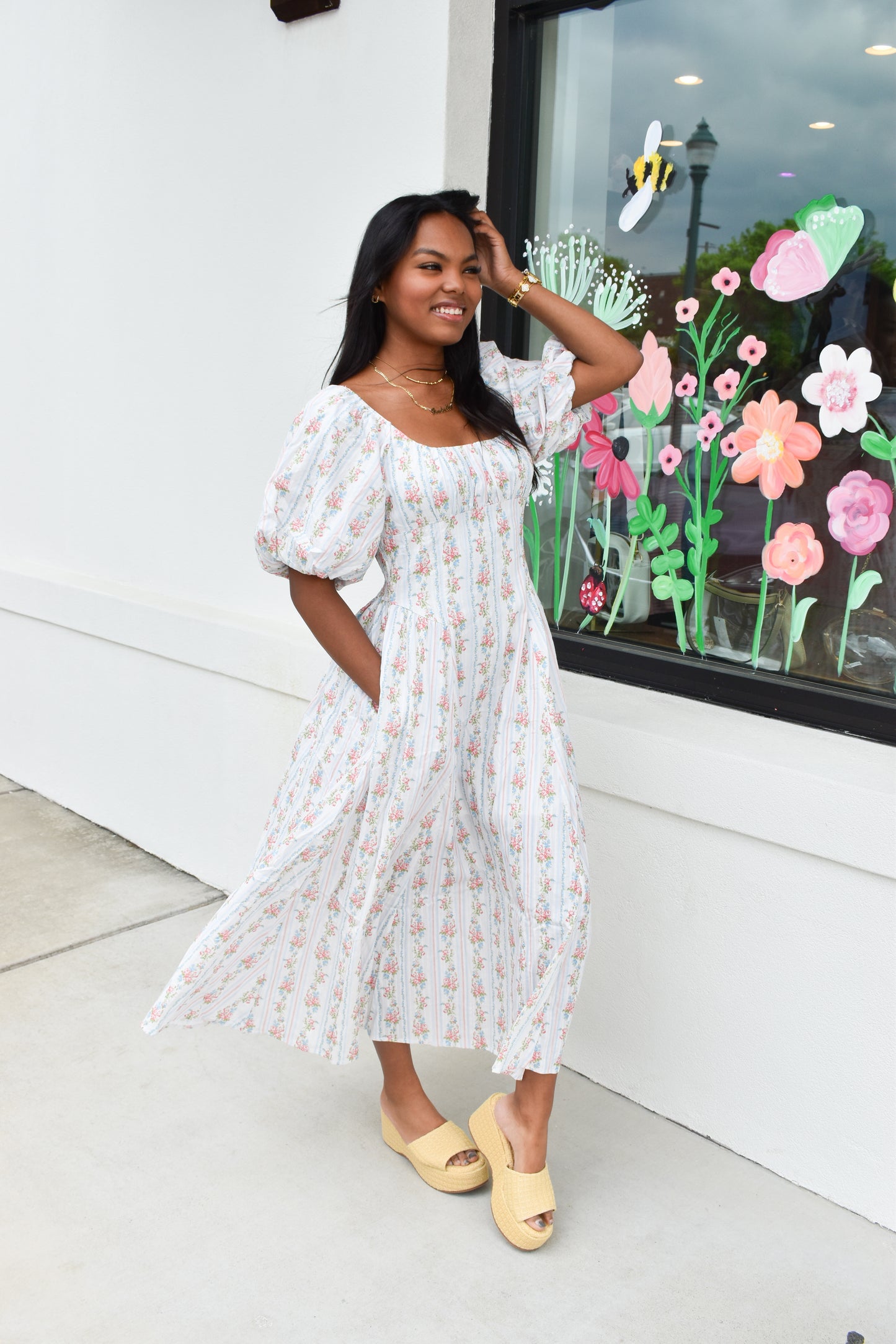 Floral Bubble Maxi Dress W/ Pin Stripe Detail
