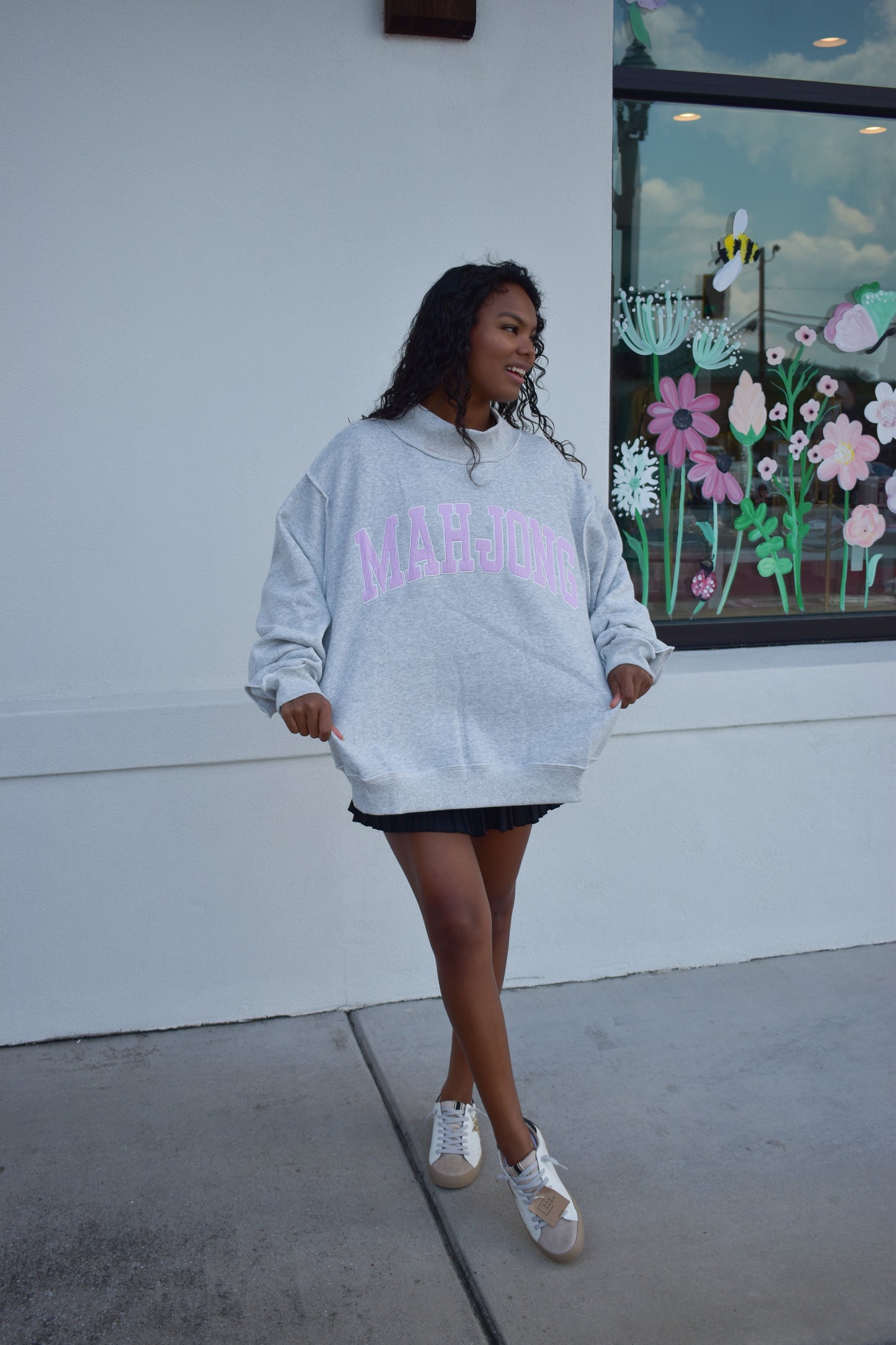 "MAHJONG" Embroidered Stripe Mockneck