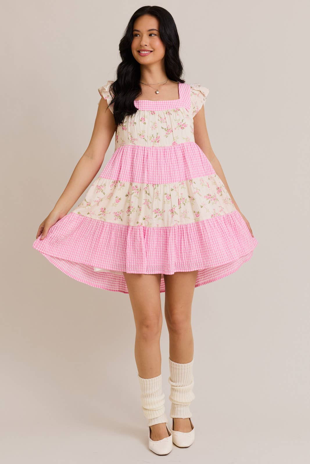 Mini Dress W/ Mixed Floral Print and Pink Gingham