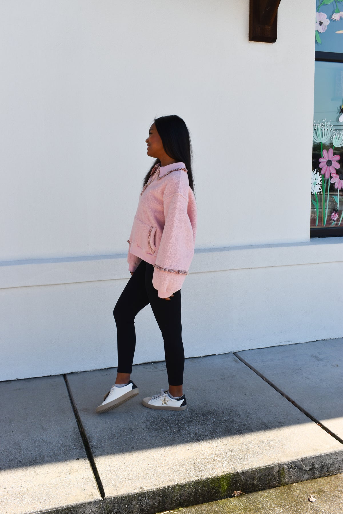 Gingham Fleece Collared Pullover: Pink