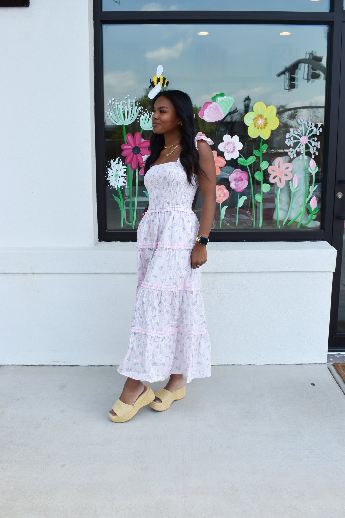 Ditsy Flower Smocked Dress: Pink/Blue