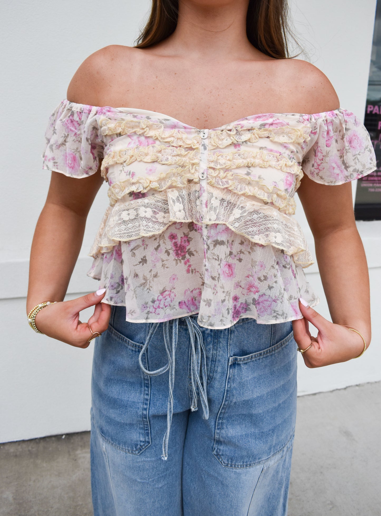 Floral Print Ruffle Lace Sweetheart Top